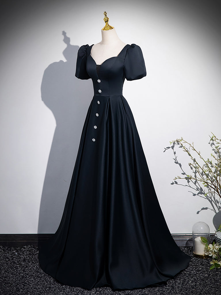 Elegant A-Line Short Sleeve Satin Dark Blue Long Prom Dress - Formal Evening Gown for Homecoming, Ball, Wedding & Special Occasions