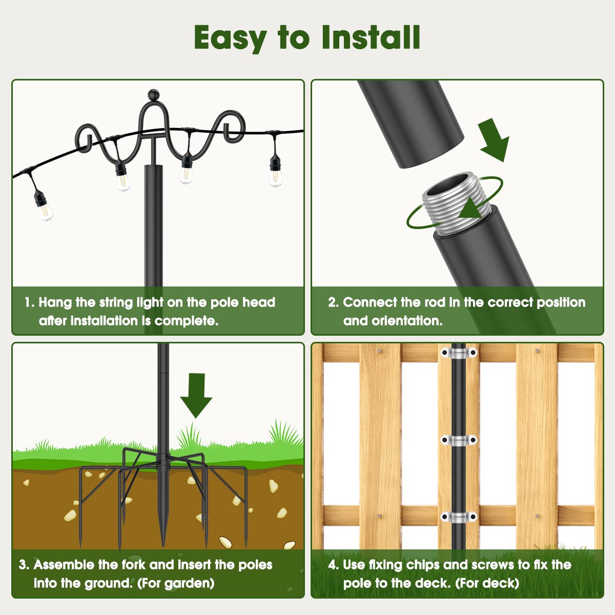 9FT Outdoor String Light Poles with Hooks - Heavy Duty Metal Stand for Patio, Deck, Backyard & Balcony Lighting | Perfect for Hanging String Lights, Lanterns, Bird Feeders & Plant Baskets (4 Pack) - Weather Resistant for Year-Round Use