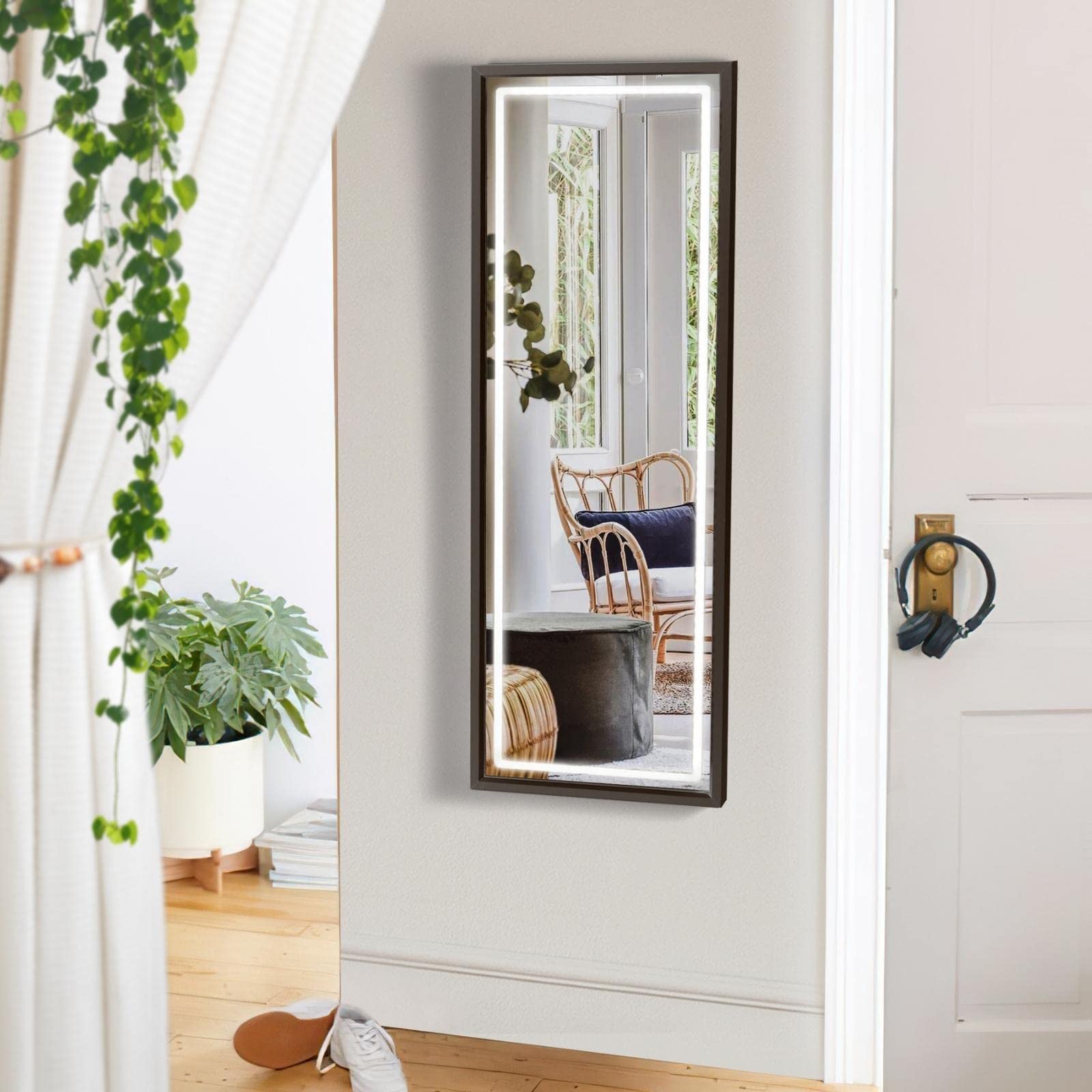 LUXFURNI Full Length LED Mirror with Lights - Adjustable Brightness Wall Mount & Over Door Hanging Mirror for Bedroom, Dressing Room, Vanity - Perfect for Makeup, Outfit Checks & Home Decor
