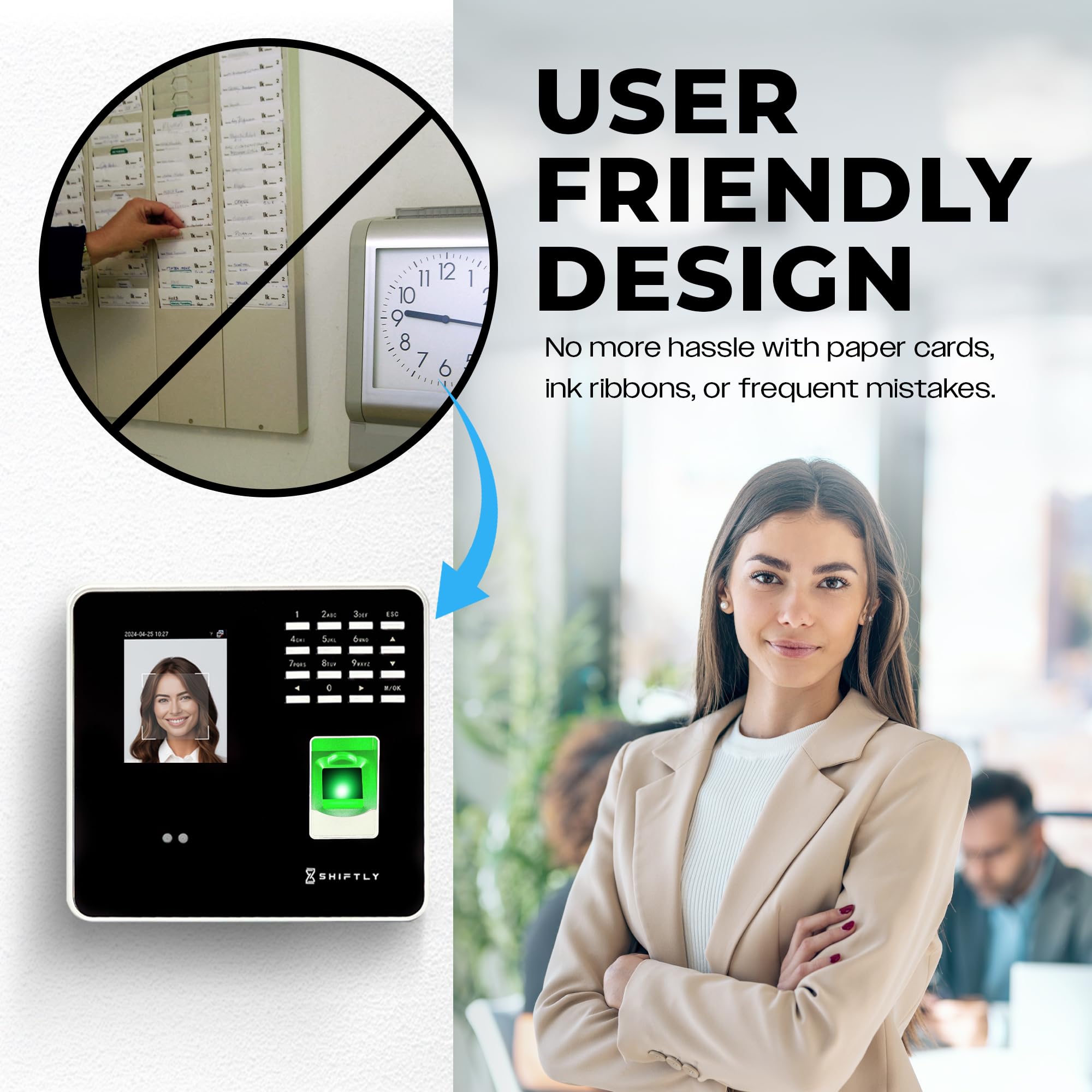 Biometric Employee Time Clock for Small Businesses - Facial & Fingerprint Recognition, RFID Card & Passcode - 200 User Capacity - 2.8