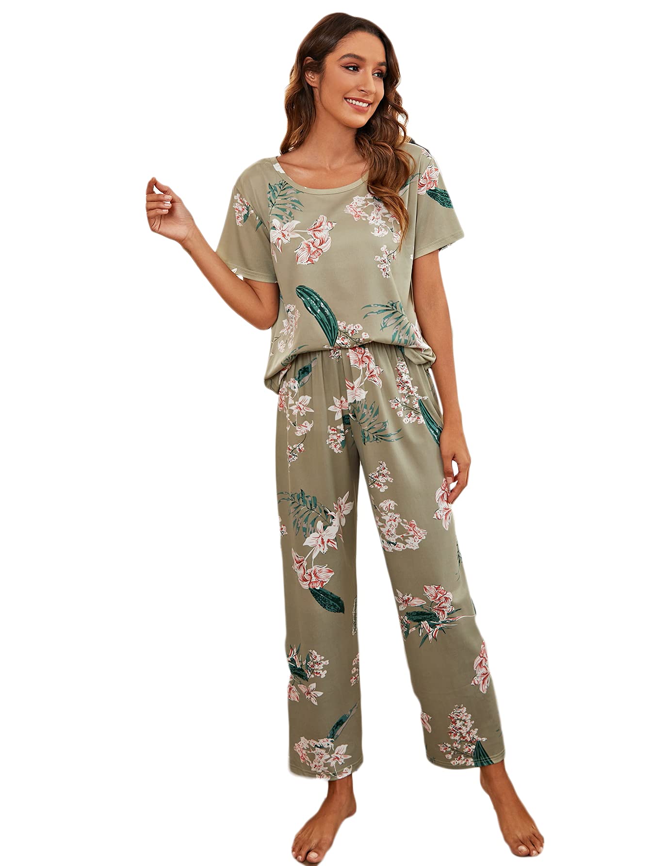 SheIn Women's Sleepwear Set - Soft Short Sleeve Tee & Floral Lounge Pants 2-Piece PJs for Comfortable Sleep & Relaxing at Home