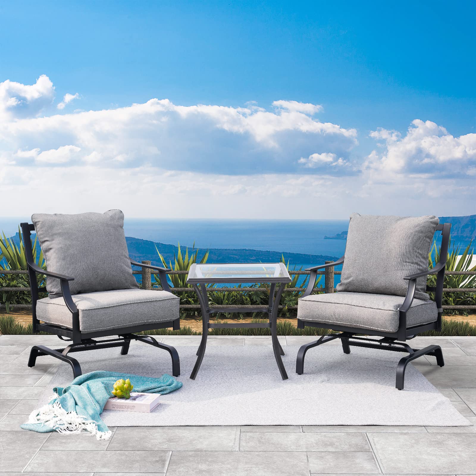 3-Piece Outdoor Rocking Patio Chair Set with Coffee Table & Cushions - Modern Grey Furniture for Lawn, Porch & Backyard Relaxation | Durable Weather-Resistant Wicker Design for Garden, Deck & Poolside Use
