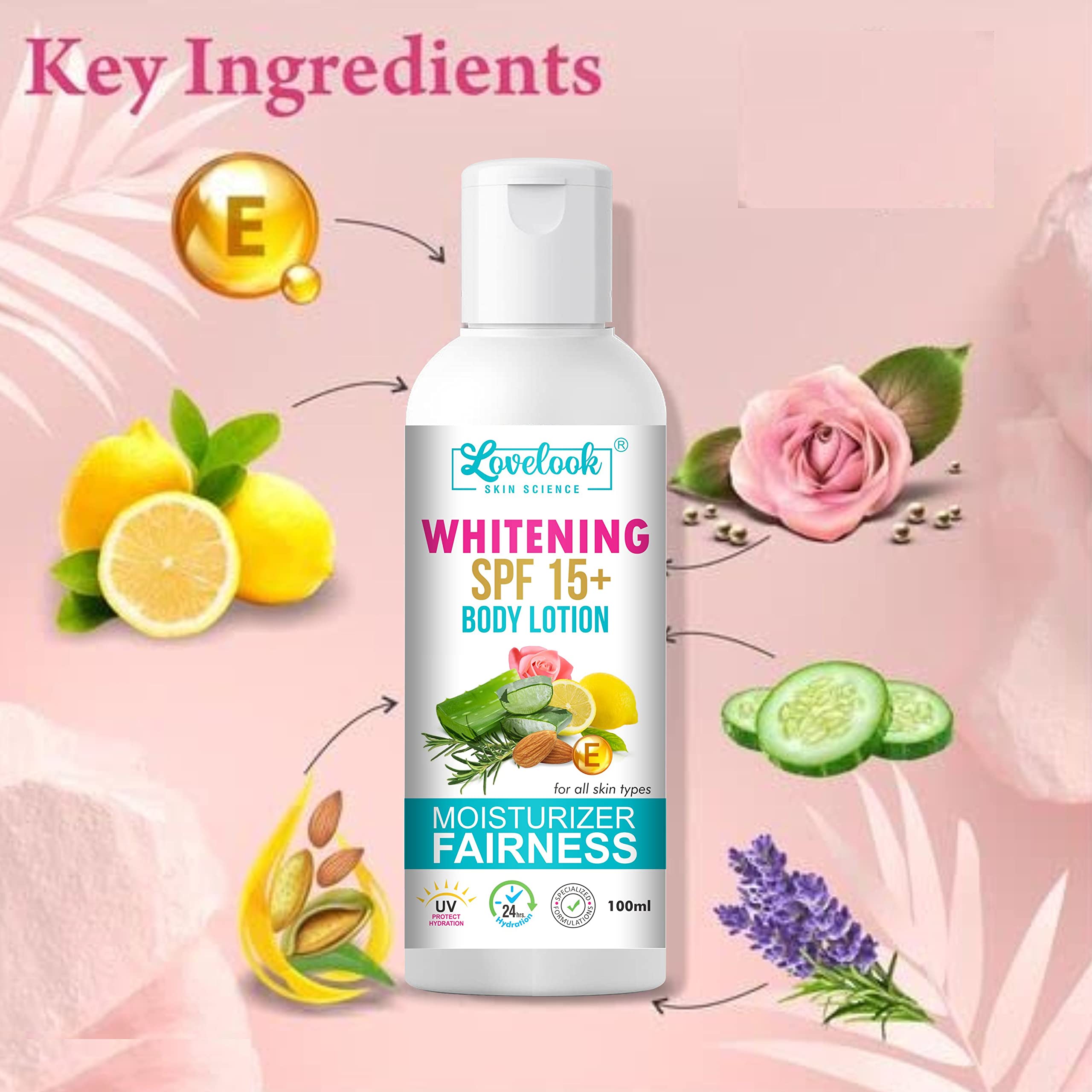 Lovelook Whitening Body Lotion SPF 15+ | Moisturizing & Brightening Cream for Face, Hands & Body | 100ml x 3 Pack | Perfect for Daily Hydration & Sun Protection