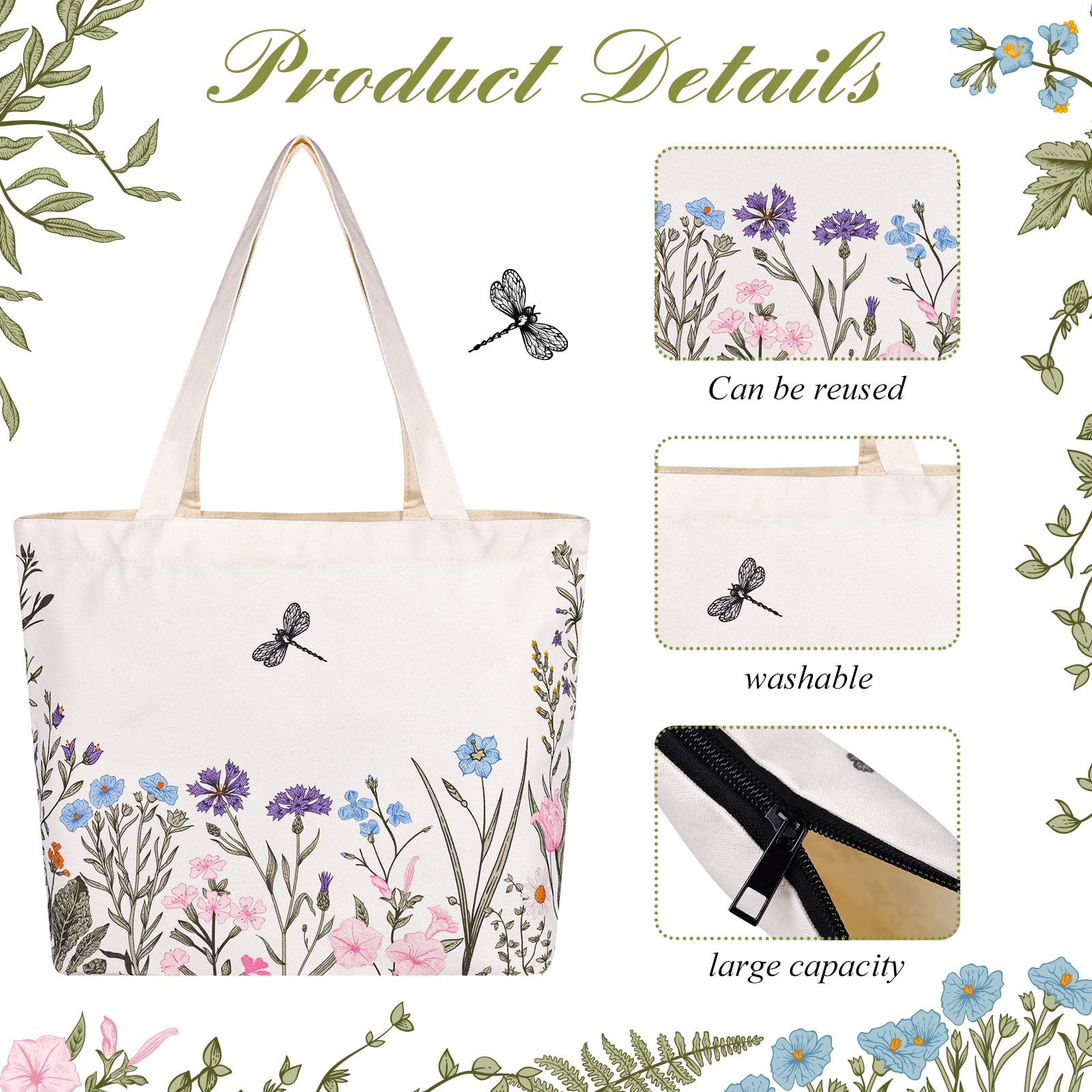 VAIPI Reusable Canvas Tote Bag for Women - Eco-Friendly Grocery Shopping Bag with Matching Makeup Pouch (Floral Print) - Perfect for Farmers Market, Beach Trips & Daily Errands