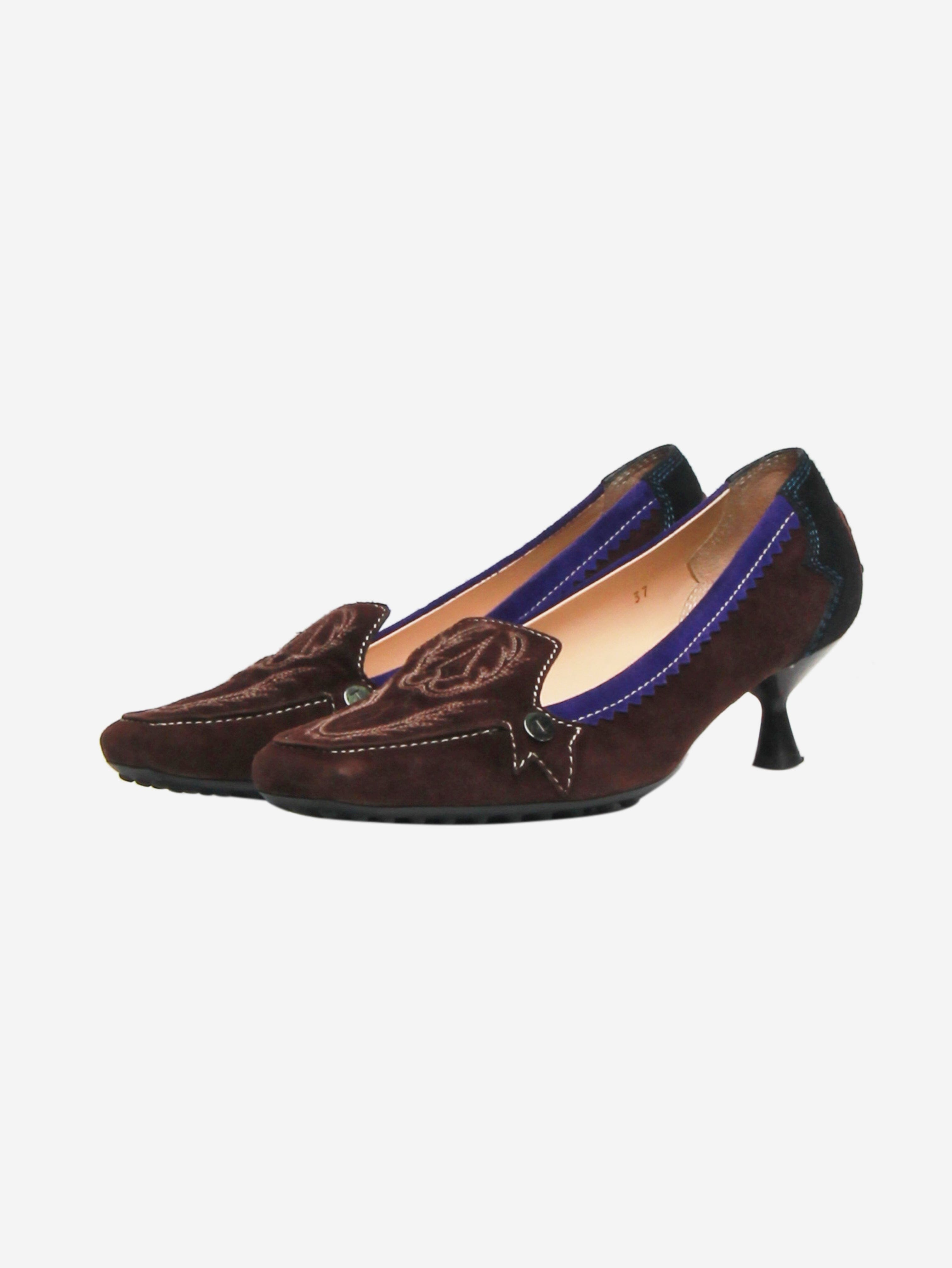 Brown Embroidered Suede Pumps Women's Size EU 37 (US 7) - Elegant Comfort for Weddings, Parties & Office Wear
