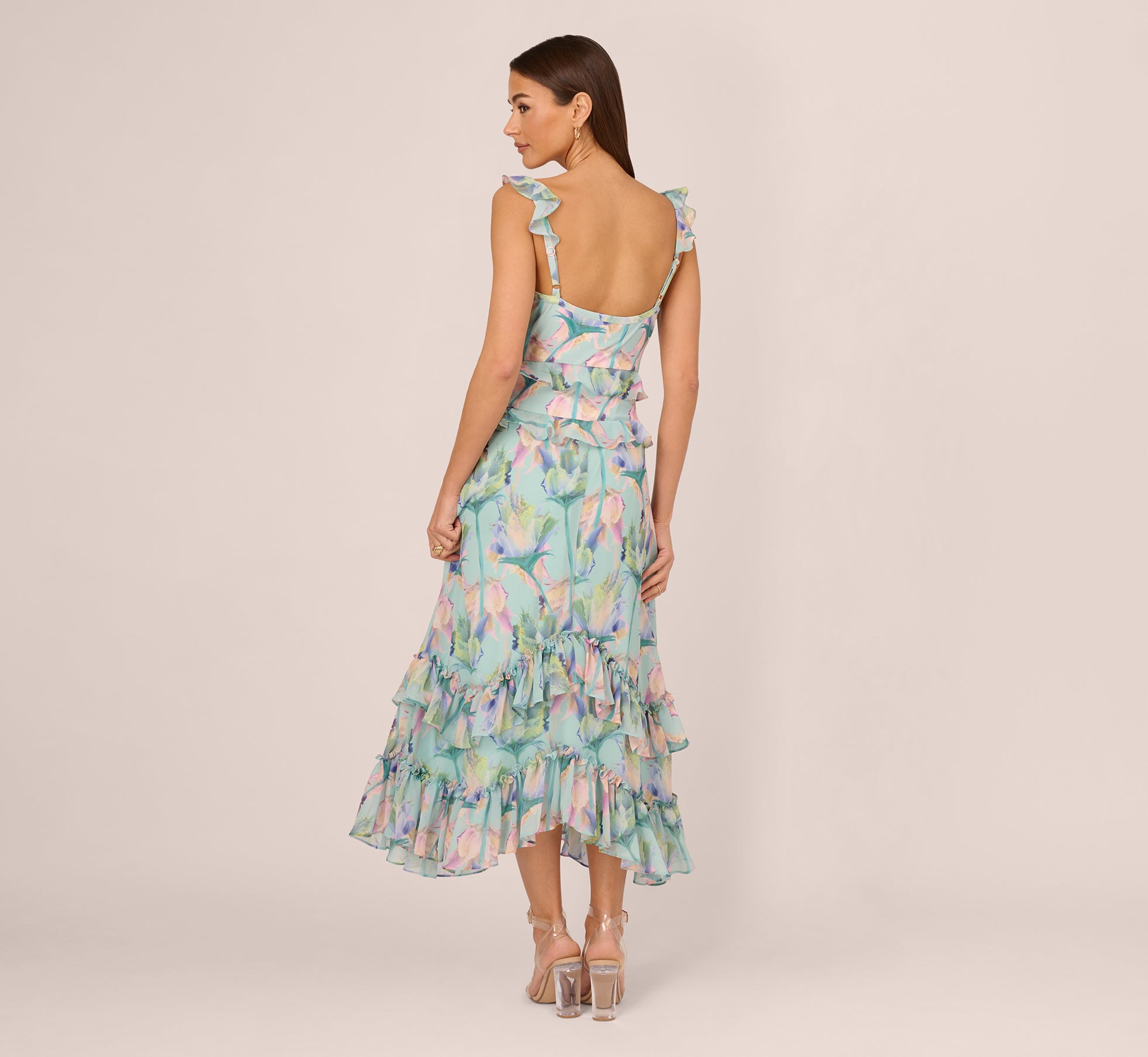 Floral Print Sleeveless High-Low Maxi Dress with Ruffle Trim - Mint & Multi Color Summer Beach Dress for Vacations, Parties & Outdoor Events