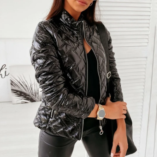 Women's Slim Fit Short Winter Jacket with Zipper - Plus Size Outerwear for Casual Wear & Cold Weather Fashion