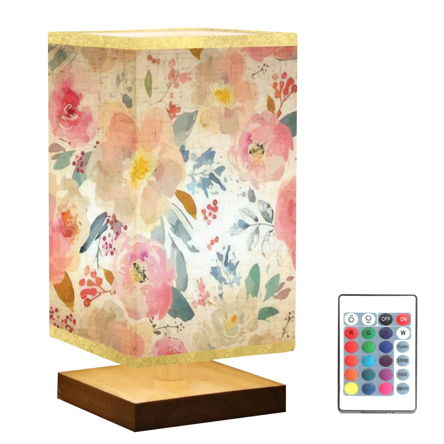 Romantic Floral Square Bedside Table Lamp - Dimmable Nightstand Lamp with White Wooden Base & Flaxen Fabric Shade for Bedroom, Living Room | Perfect for Reading, Relaxing & Creating Cozy Ambiance