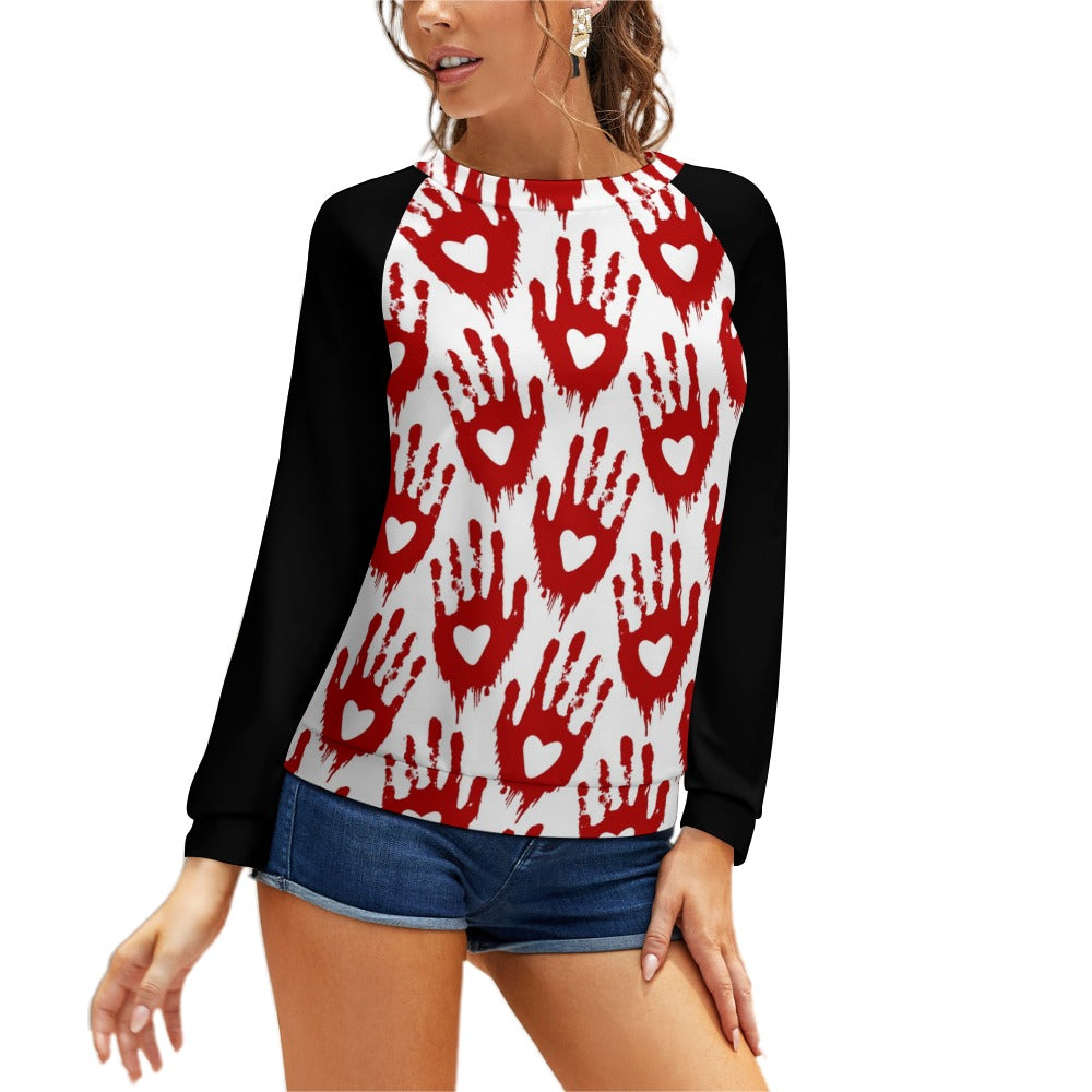 Bloody Hand Print Heart Raglan Round Neck Sweater | Gothic Halloween Pullover | Trendy Unisex Casual Wear for Parties & Outfits