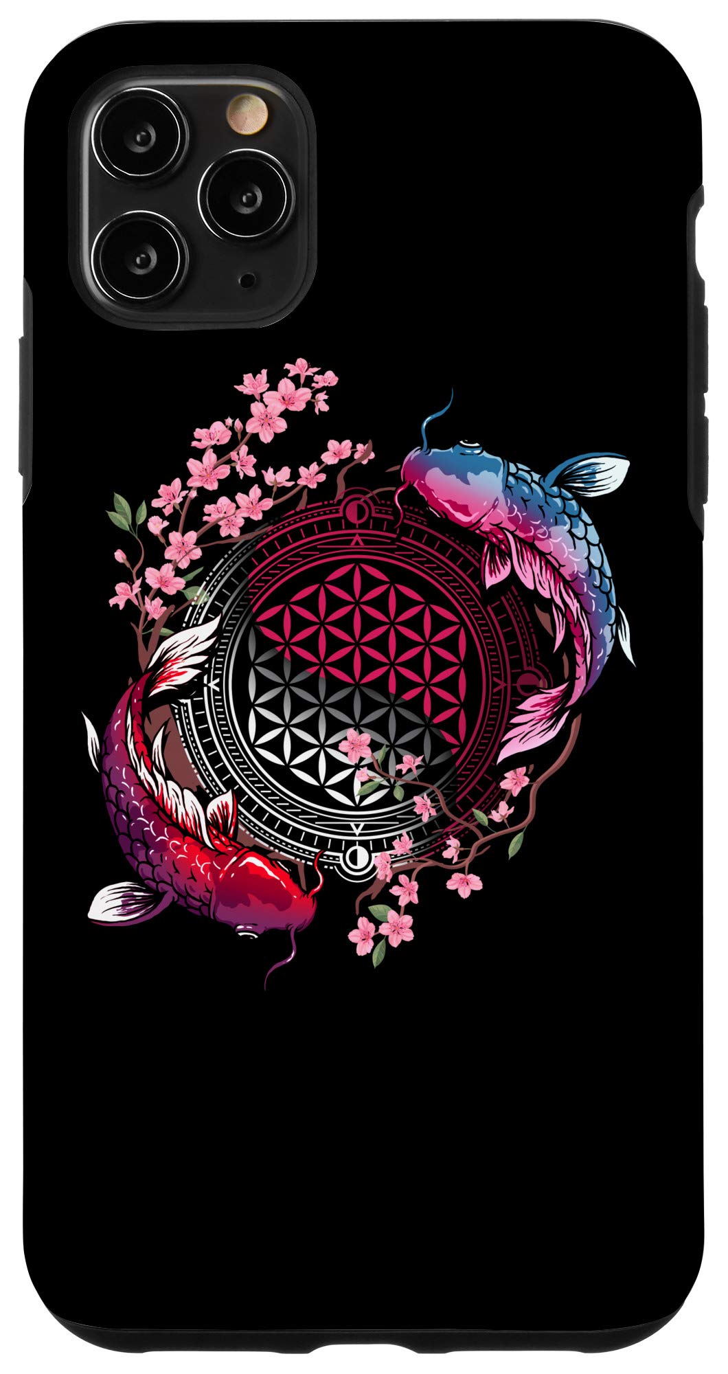 iPhone 11 Pro Max Case with Koi Fish & Flower of Life Design - Japanese Art Inspired Sacred Geometry Phone Cover for Protection & Style - Perfect for Daily Use, Travel & Gift Giving