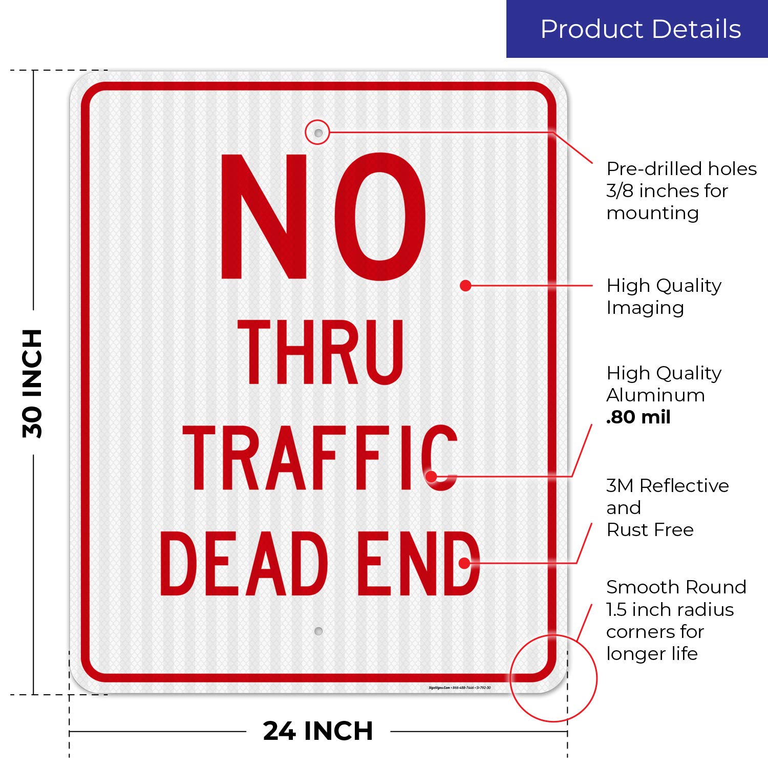 No Thru Traffic Sign - 24x30 Inches, 3M EGP Reflective Aluminum Road Sign, Fade Resistant & Easy to Install for Driveway, Parking Lot & Private Property (Made in USA)