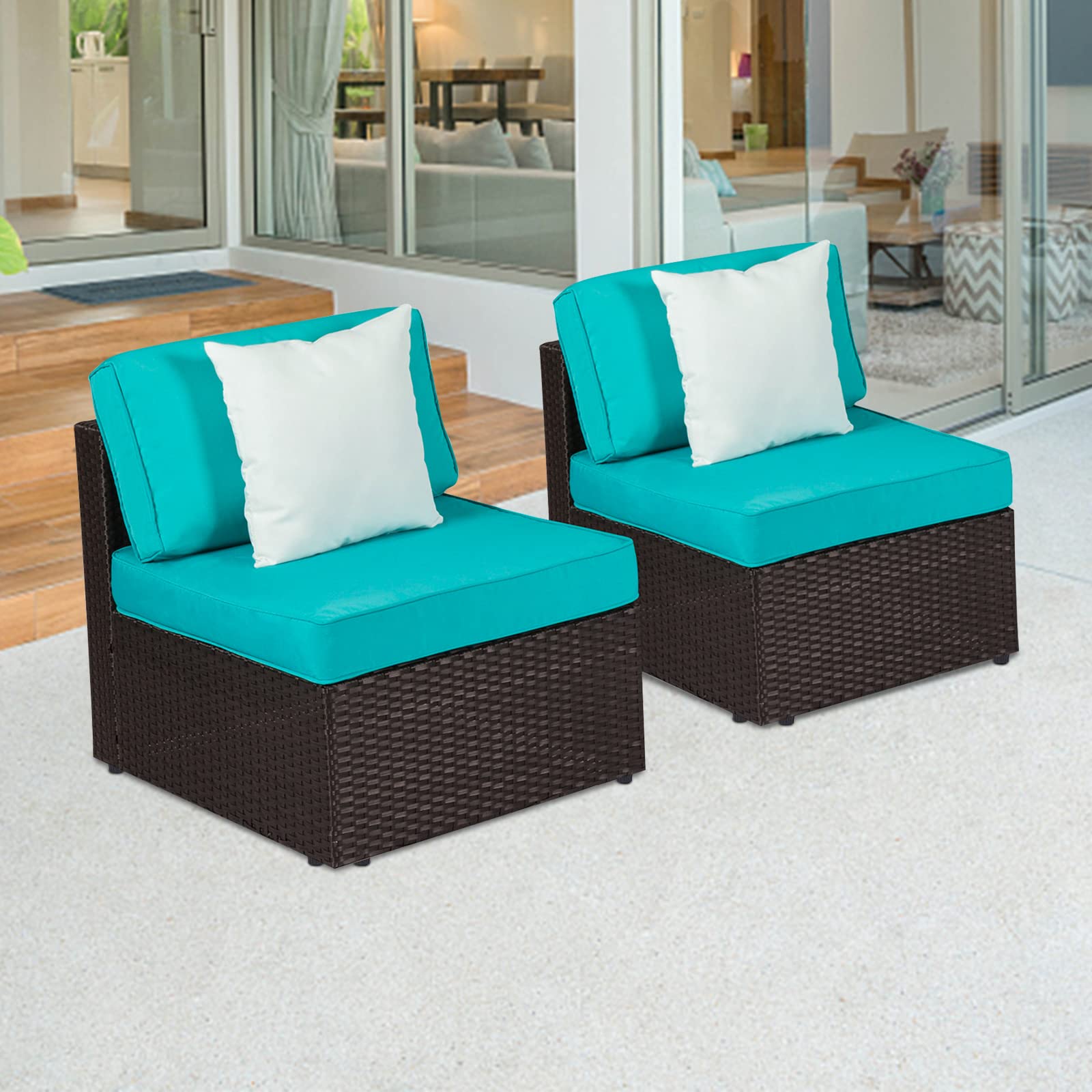 Kinbor Small Outdoor Couch - 2 Piece Wicker Armless Sofa Set with Washable Turquoise Cushions, Patio Loveseat & Rattan Sectional for Balcony, Garden, Poolside - Perfect for Relaxing, Entertaining & Outdoor Lounging