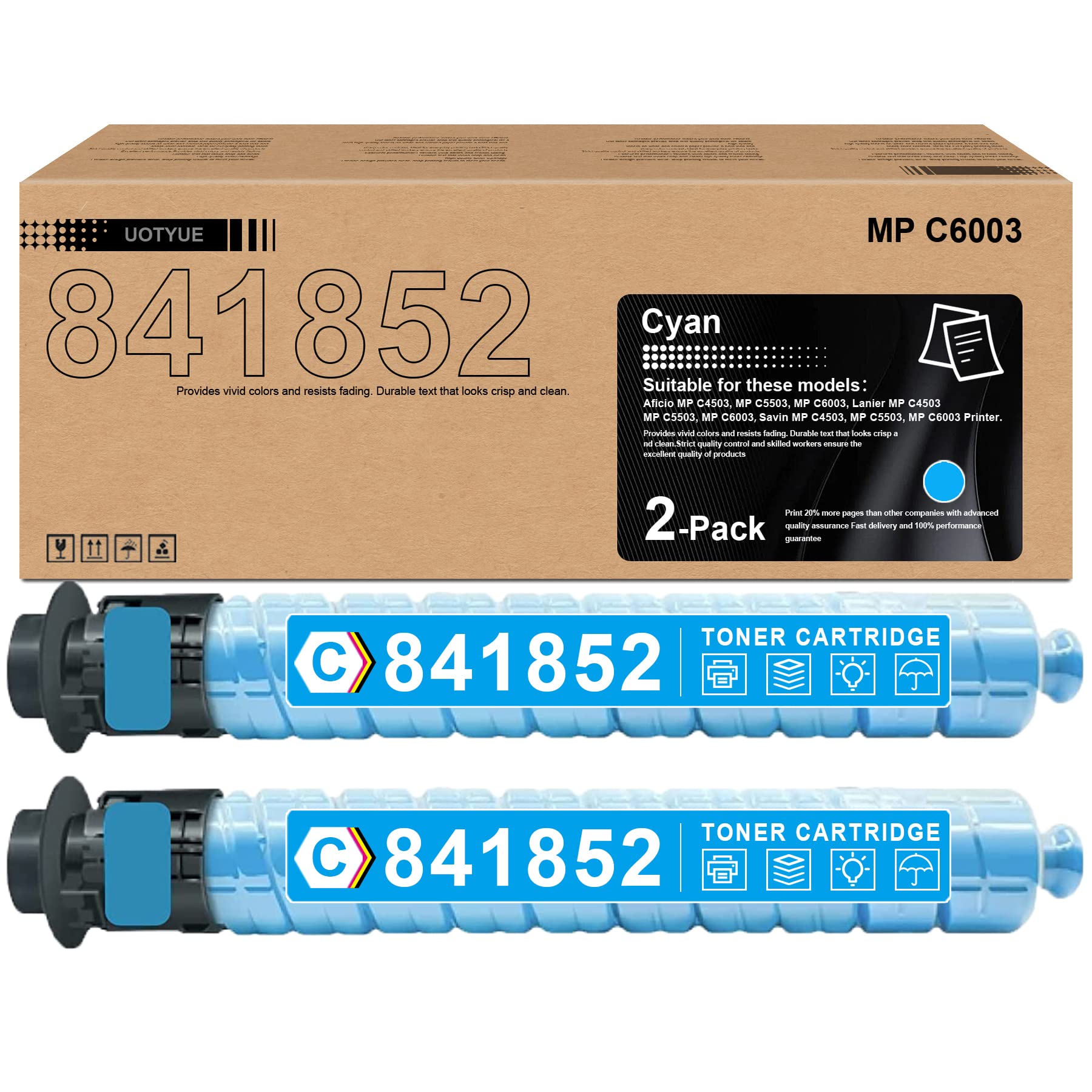 UOTYUE High Yield Toner Cartridge 2-Pack Cyan Replacement for Ricoh MP C6003 C4503 C5503, Lanier, Aficio & Savin Printers (23,000 Pages) - Ideal for Office & High-Volume Printing