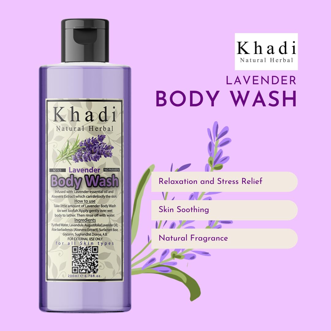 Khadi Natural Herbal Lavender Body Wash for Men & Women - 200ml | Hydrating & Moisturizing | Perfect for Dry Skin & Relaxing Bath Time