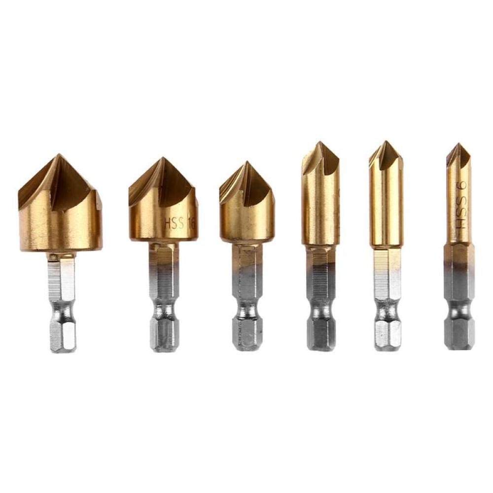 6pcs HSS Chamfer Drill Bit Set - 90 Degree Countersink Bits with Hex Shank (6mm-19mm) for Woodworking, Metal Drilling & DIY Projects