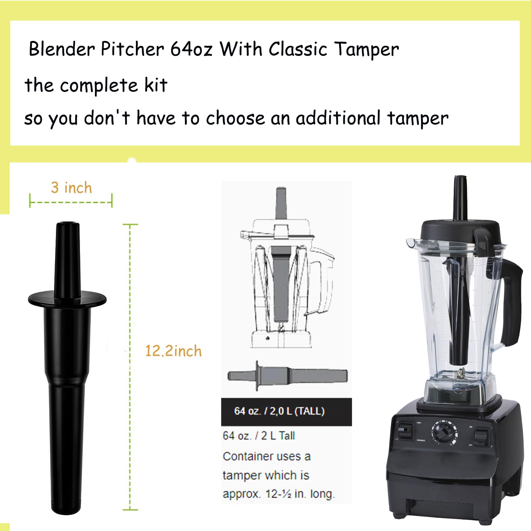 Vitamix Blender Pitcher 64oz Replacement - Compatible with 5200, 5000, 7500, Pro500, Vita-Prep, Explorian & Commercial Series (VM0101, VM0102, VM0103, VM0197, E310, E320) - Includes Classic Tamper - 3 Year Warranty - Perfect for Smoothies, Soups & Nut Butters
