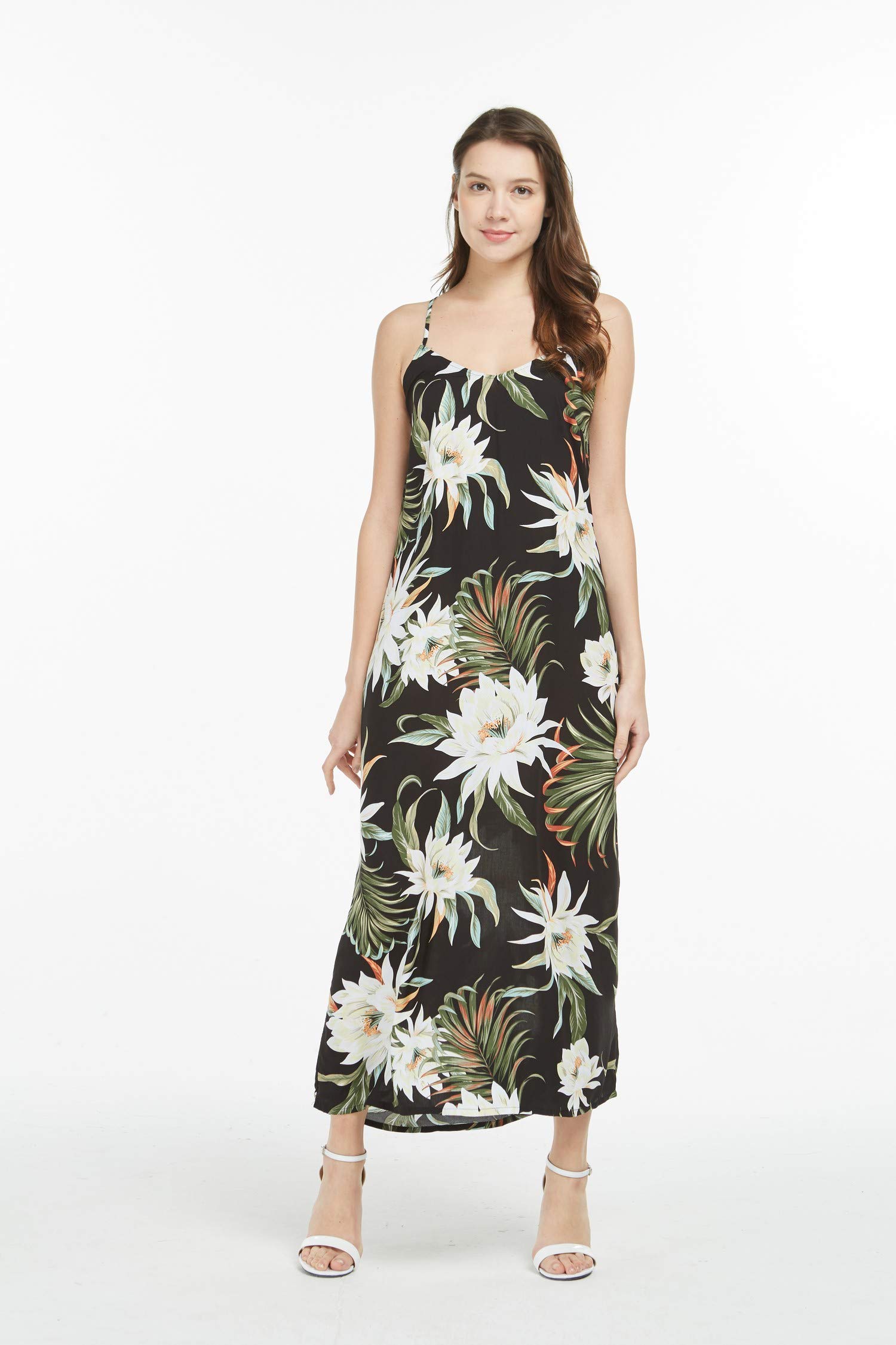 Hawaiian Luau Maxi Dress for Women - Floral Sweetheart Neckline Black Long Dress for Beach Party, Summer Vacation & Tropical Events