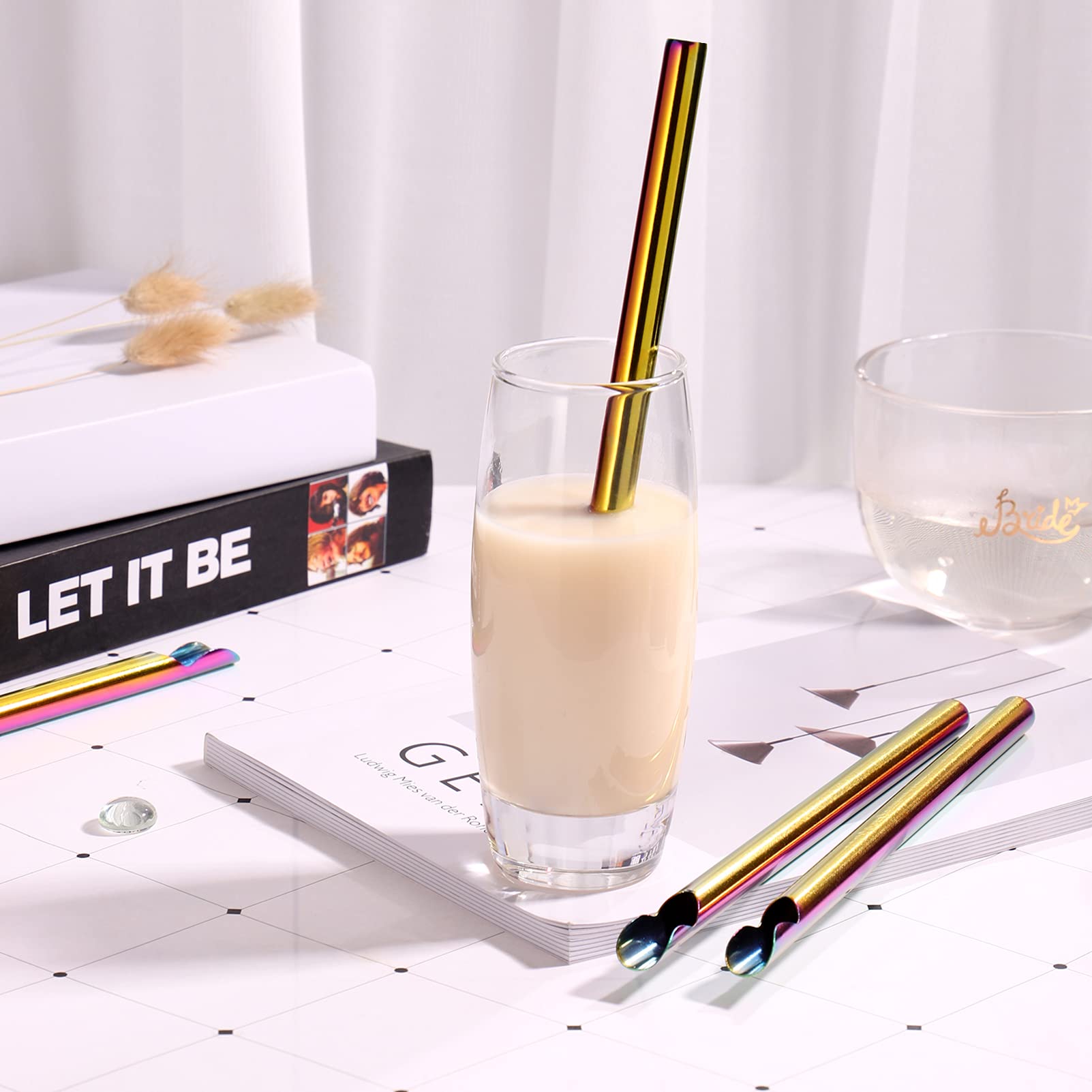 Reusable 304 Stainless Steel Metal Straws - 4 Pack Colorful Coffee Stirrers & Smoothie Straws | Eco-Friendly Drinking Straws for Iced Coffee, Bubble Tea, Cocktails & Home/Office Use