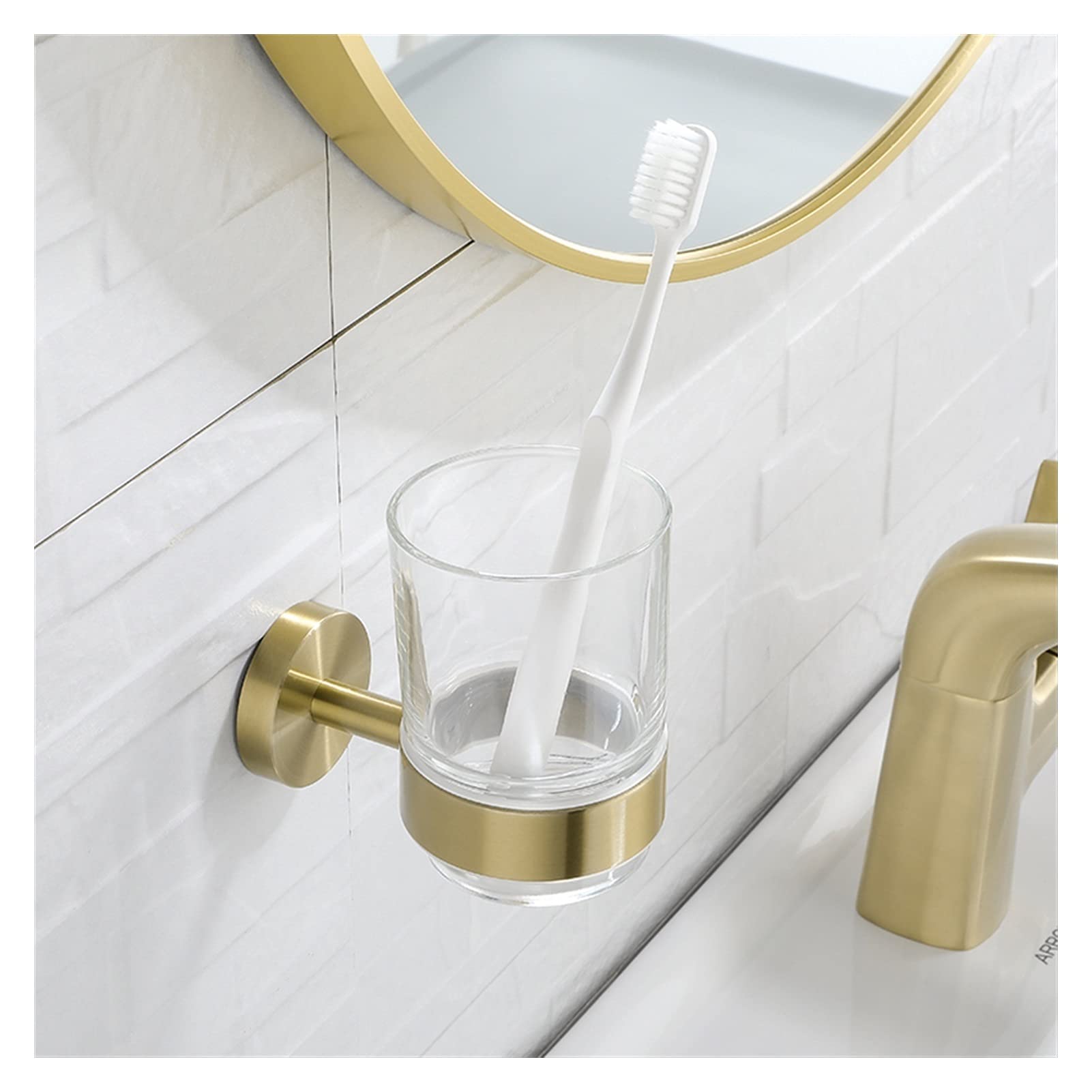 Luxury Gold Polished Stainless Steel Toothbrush & Tumbler Holder Set with Glass Cup - 4 Piece Wall Mount Bathroom Organizer for Modern Home Decor