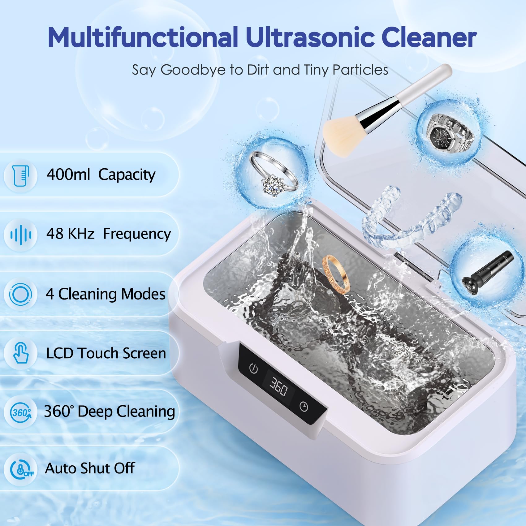 Professional Ultrasonic Jewelry Cleaner Machine - 48Khz Sonic Cleaner for Rings, Necklaces, Eyeglasses, Watches & Dentures - Digital Timer with 4 Modes, 304 Stainless Steel Tank (13.5oz) - Perfect for Home Jewelry Care, Watch Maintenance & Denture Cleaning