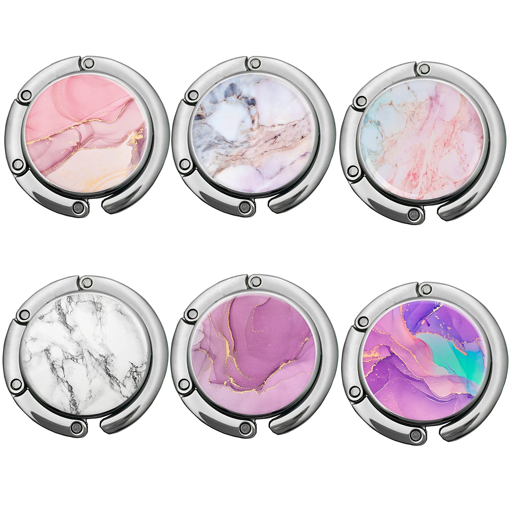 Foldable Purse Hooks for Women - 6 Pack Marble Bag Hangers, Table & Desk Hook for Handbags, Purses & Totes - Perfect for Restaurants, Travel & Home Use