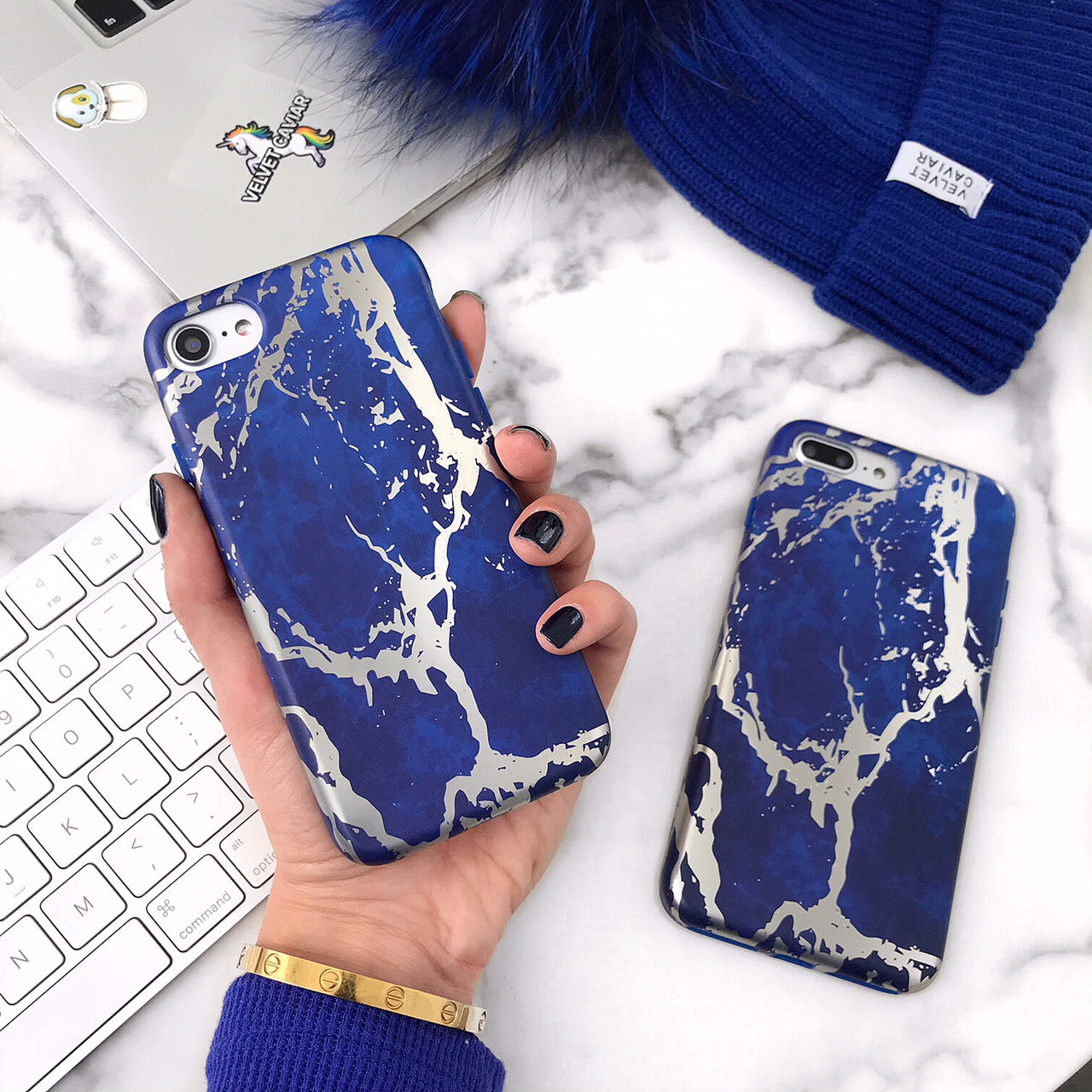 Navy Blue Marble Silver Chrome iPhone Case - Stylish Protective Cover for iPhone 13/14/15 Pro Max - Durable Shockproof Phone Case for Everyday Use & Travel