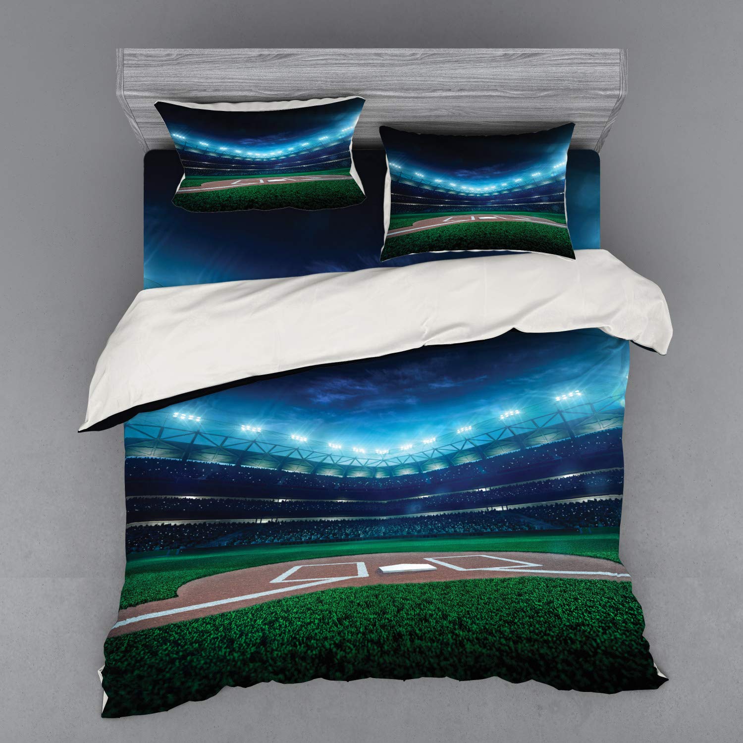 Ambesonne Baseball Duvet Cover Set - King Size 4-Piece Bedding with Shams & Fitted Sheet, Vibrant Night Stadium Print in Blue & Green - Perfect for Baseball Fans, Sports Themed Bedrooms & Game Day Decor