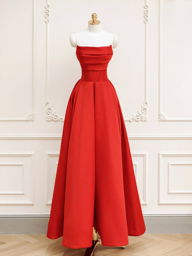 Elegant Red A-Line Satin Long Prom Dress for Women - Formal Evening Gown for Homecoming, Ball, Wedding & Special Occasions