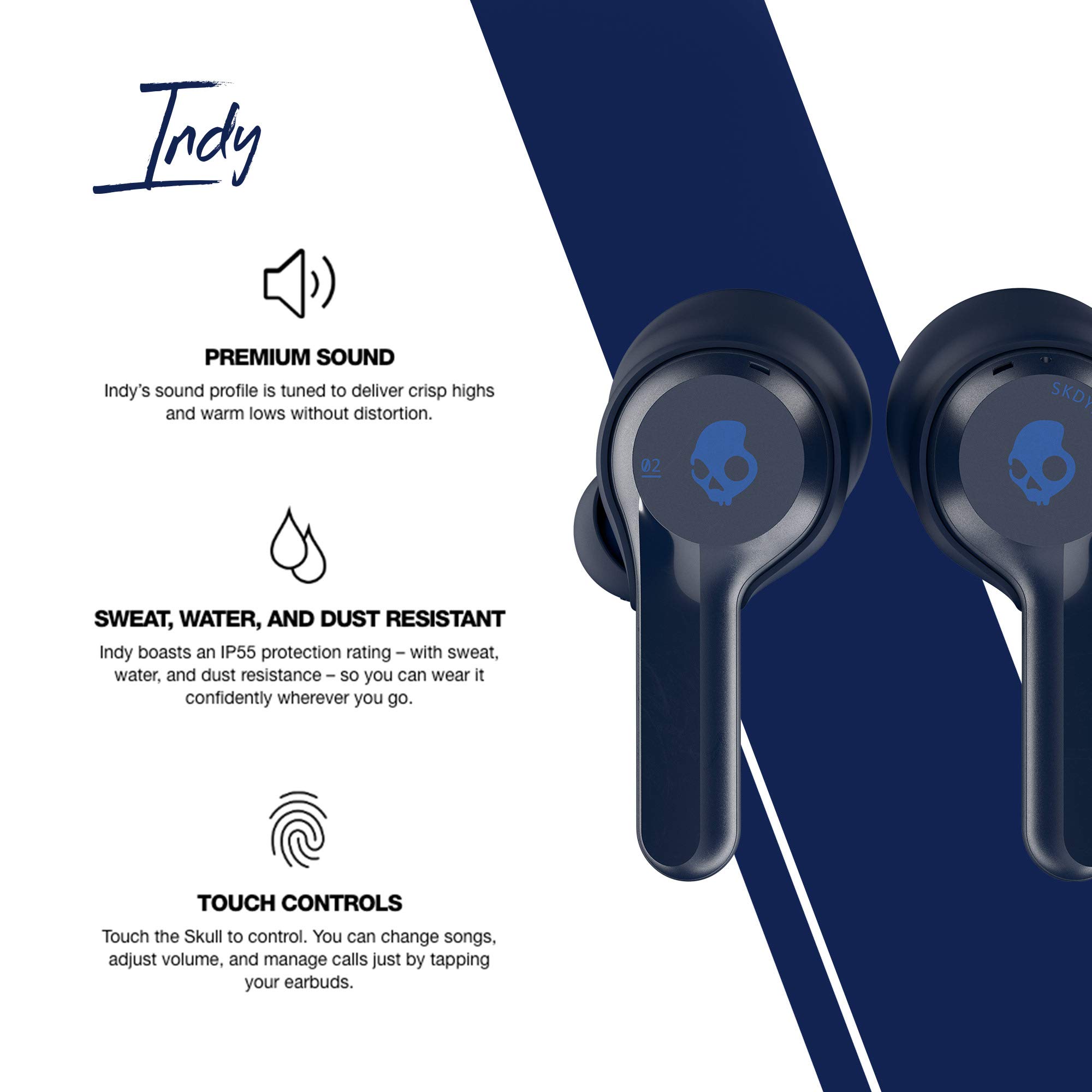 Skullcandy Indy True Wireless Earbuds - Bluetooth 5.0, 16H Battery, IP55 Waterproof, Built-in Mic (Indigo Blue) | Perfect for Gym, Running, Travel & Daily Use