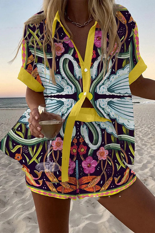 Stylish Swan Print Loose Buttoned Elastic Waist Shorts Set for Women - Comfortable Summer Outfit for Beach, Vacation & Casual Wear