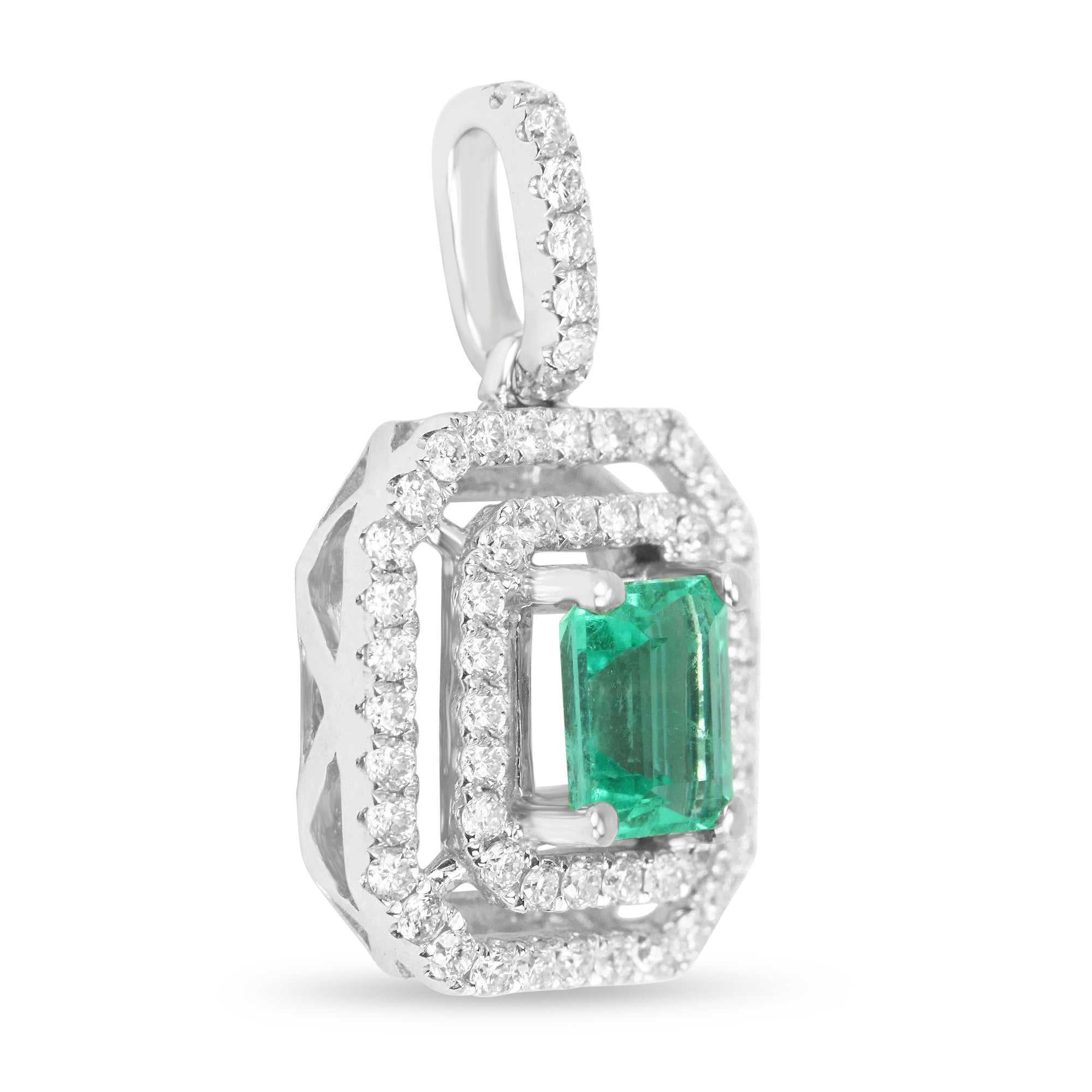 1.0tcw Colombian Emerald & Diamond Double Halo Necklace in 14K Gold - Elegant Jewelry for Weddings, Anniversaries & Special Occasions