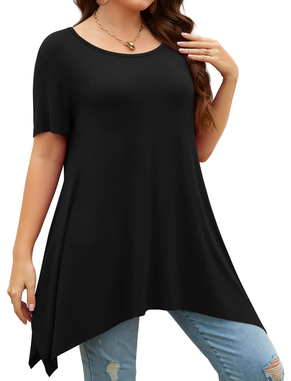 POPYOUNG Women's 2025 Summer Short Sleeve Tunic Top - Casual Loose Swing Blouse Shirt for Beach, Vacation & Everyday Wear