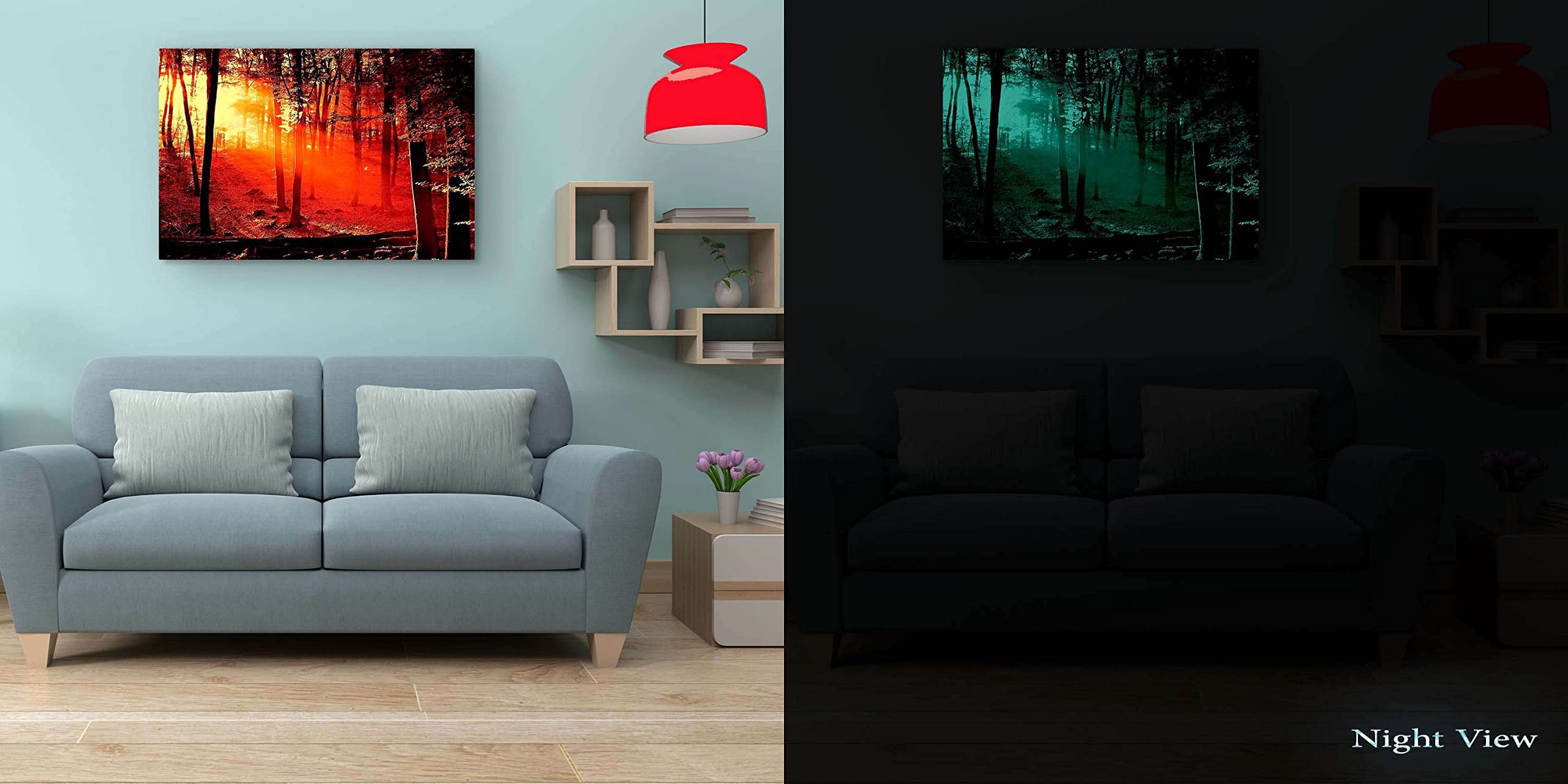 Startonight Red Sunrise Forest Canvas Wall Art - 32x48 Inch Large Stretched Nature Landscape Painting, Modern Luminous Home Decor for Living Room, Bedroom & Office - Perfect for Nature Lovers & Contemporary Interior Design