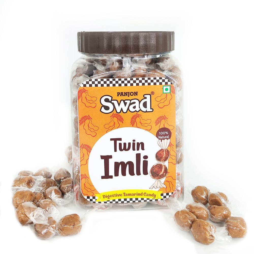 Panjon Swad Twin Imli Candy - Sweet & Sour Tamarind Toffee, 400g Jar - Perfect for Snacking, Gifting & Indian Dessert Lovers