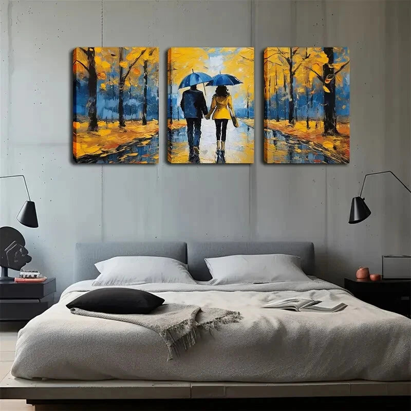 3-Piece Couple Holding Umbrella Wall Art Set - Framed Canvas 40x60cm (16x24in) - High Quality Print - Australian Made - Ready to Hang - Perfect for Living Room, Bedroom & Wedding Gift