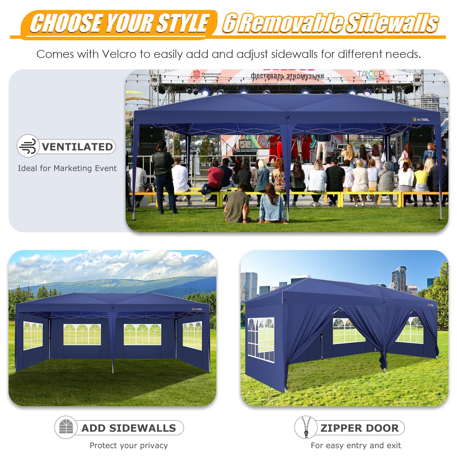 HOTEEL 10x20 Pop Up Canopy Tent with Sidewalls - Waterproof Instant Shelter for Outdoor Events, Easy One-Push Setup with Reinforced Poles & Sandbags - Perfect for Backyard Parties, Camping, Farmers Markets, Festivals (Navy Blue)