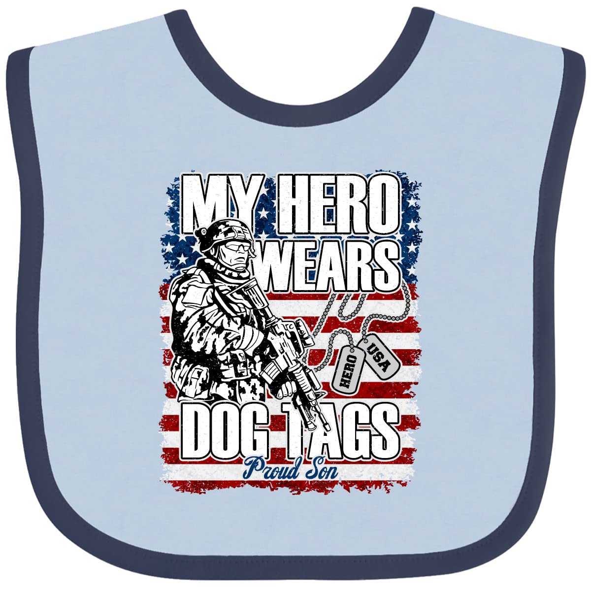 Inktastic Proud Son Hero Wears Dog Tags Military Dad Baby Bib - Cute & Durable Drool Bib for Infants, Perfect for Military Families & Patriotic Events