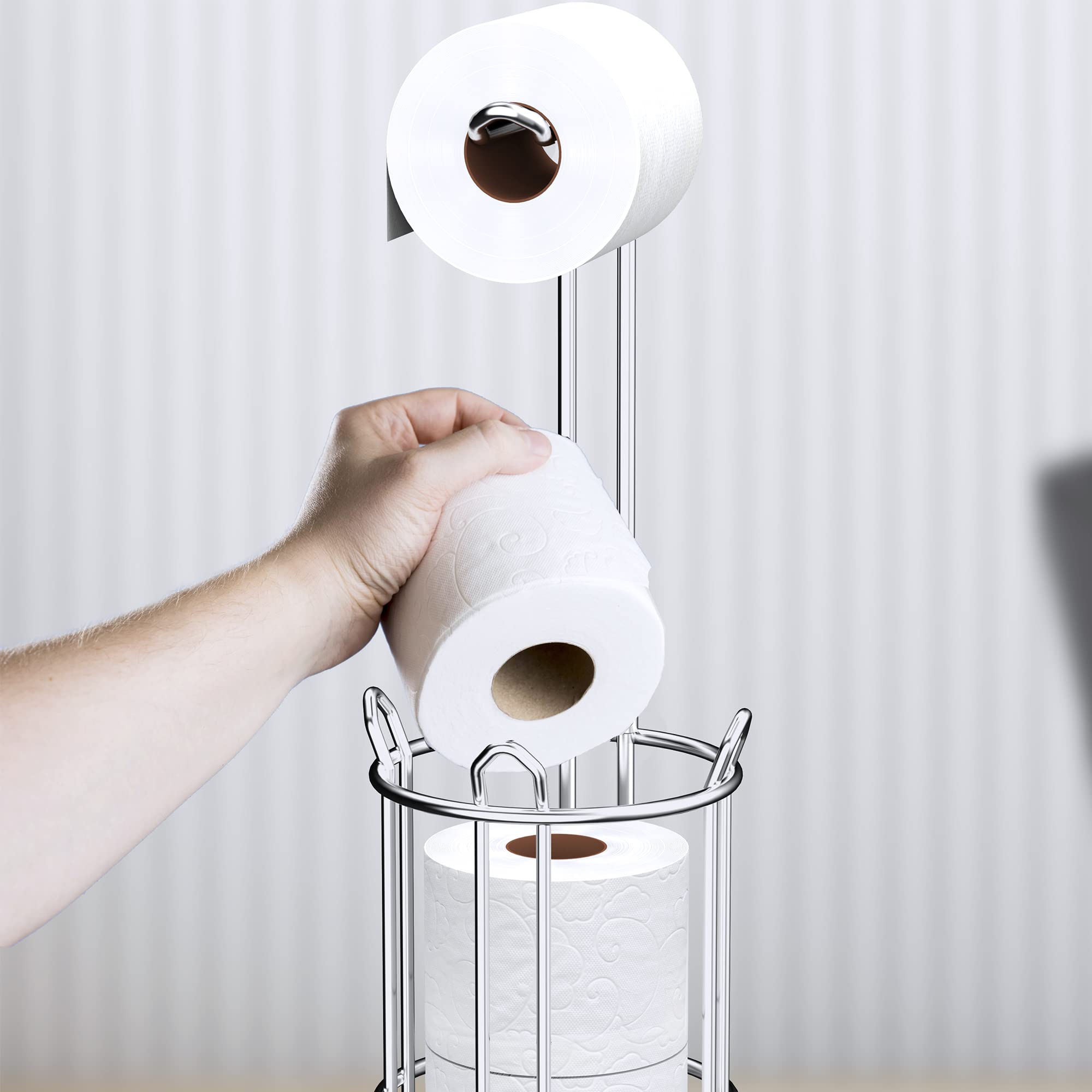 Meangood Free Standing Toilet Paper Holder Stand - Metal Wire Tissue Roll Dispenser for 4 Mega Rolls, Bathroom Storage Rack (Silver) | Perfect for Home, Office & RV Bathroom Organization