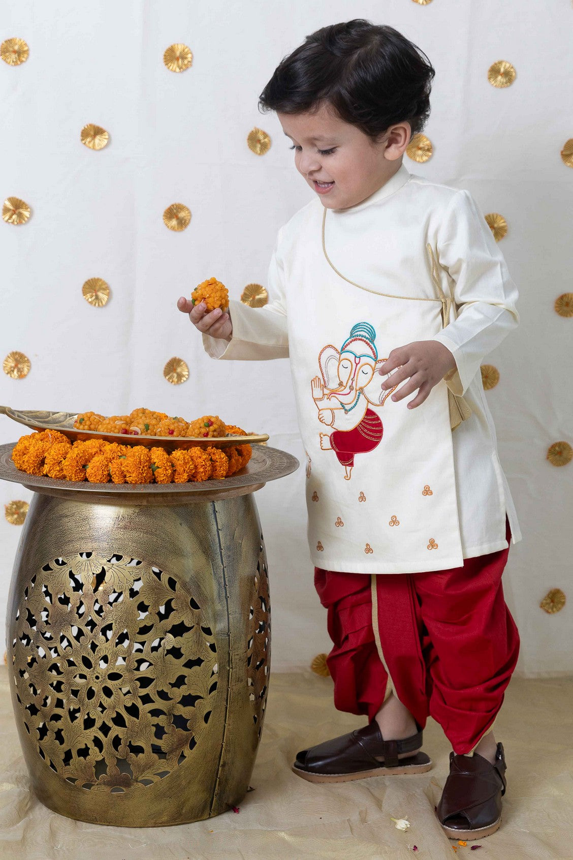 Boys Ganesha Embroidered Cotton Dhoti Kurta Set - Cream | Traditional Indian Ethnic Wear for Festivals & Pooja Ceremonies
