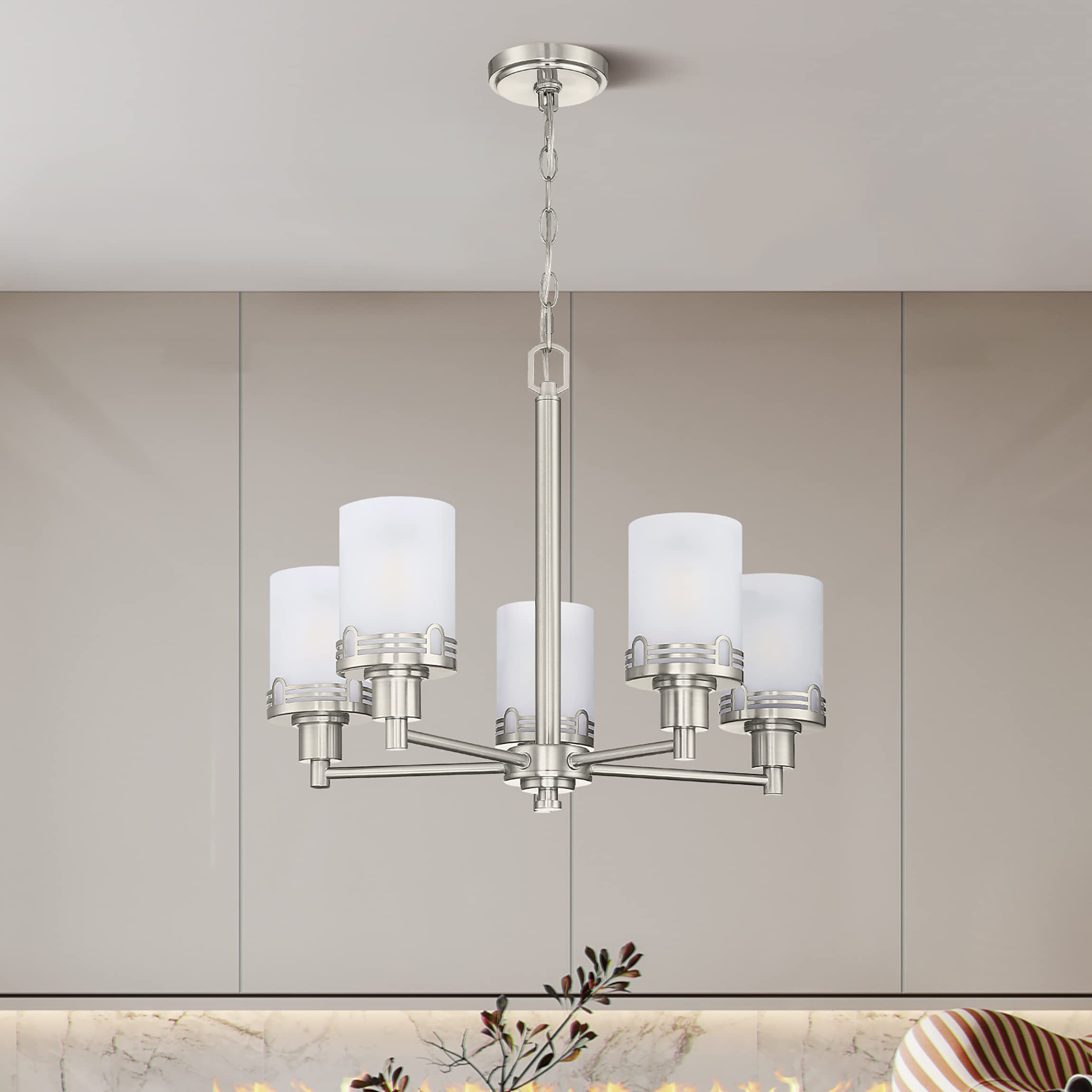 Doraimi 5-Light Modern Chandelier - Brushed Nickel Finish with Opal & Hollow Metal Shades - Elegant Ceiling Light Fixture for Dining Room, Living Room, Bedroom & Hallway Lighting