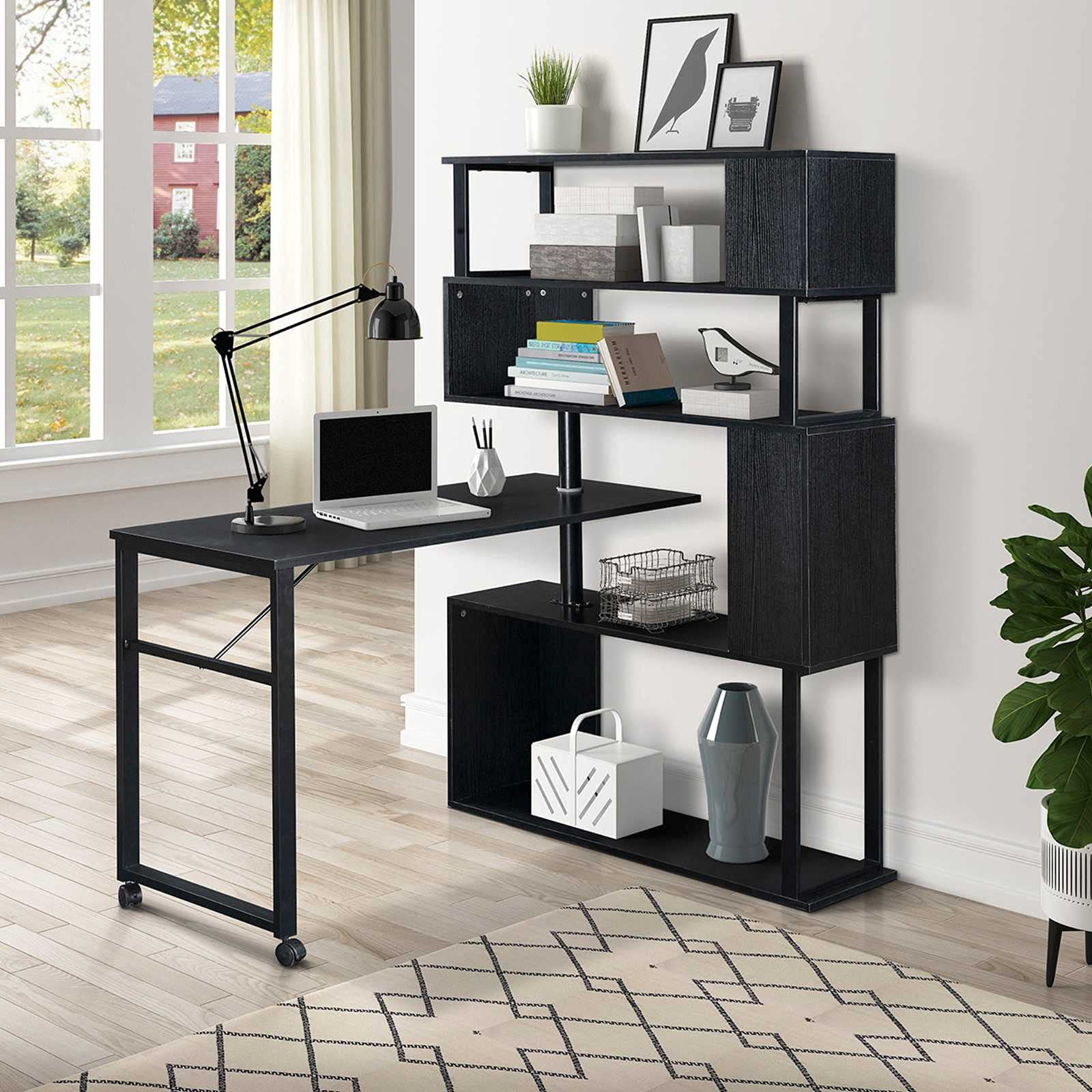 L-Shaped Home Office Desk with Rotating Corner & Bookcase - Ergonomic Computer Workstation for Small Spaces, Gaming & Study - Perfect for Remote Work & Compact Rooms