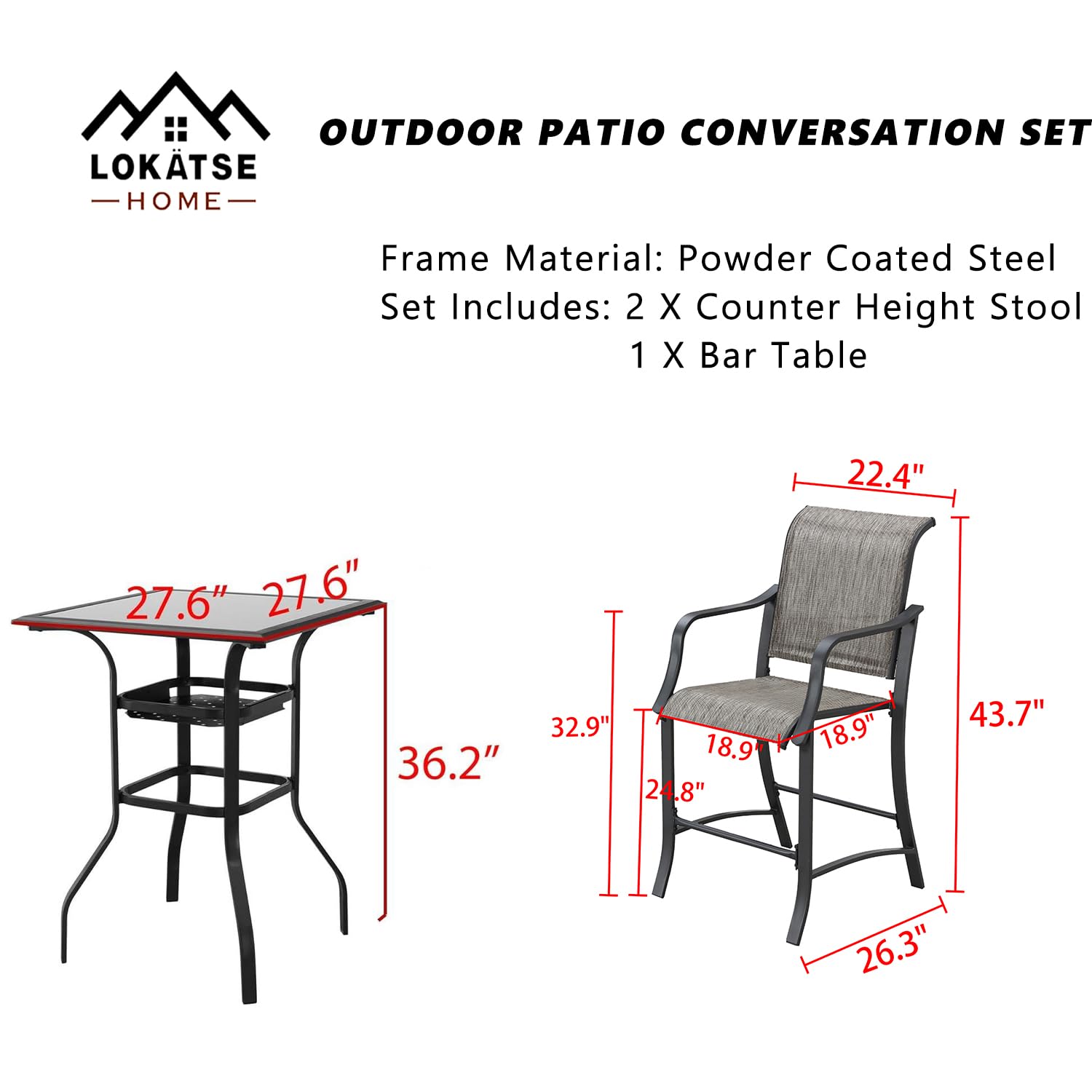 LOKATSE HOME 3-Piece Patio Bar Set - Counter Height Stools & Table - Outdoor Conversation Dining Furniture in Gray - Perfect for Backyard, Deck, and Garden Gatherings
