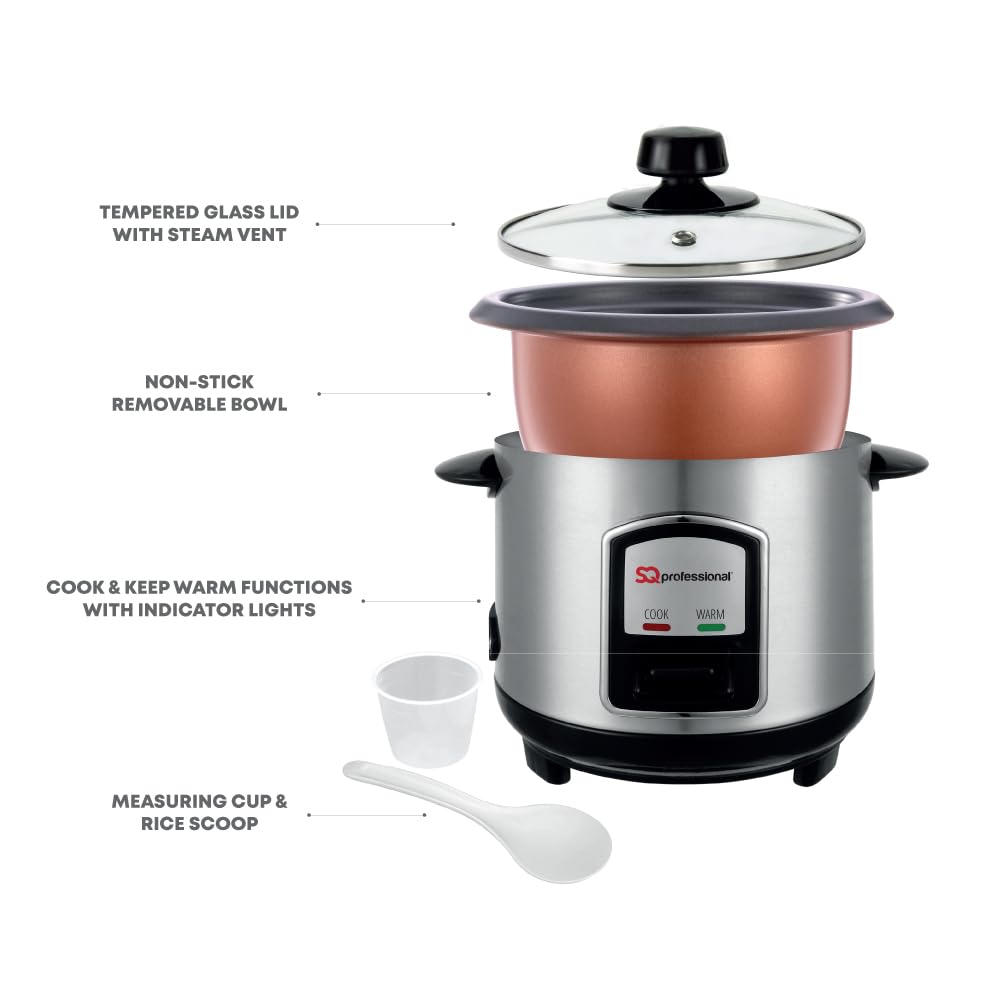 SQ Professional 0.8L Stainless Steel Rice Cooker 350W - Compact & Durable for Perfect Rice, Ideal for Small Kitchens, Dorms & Office Use