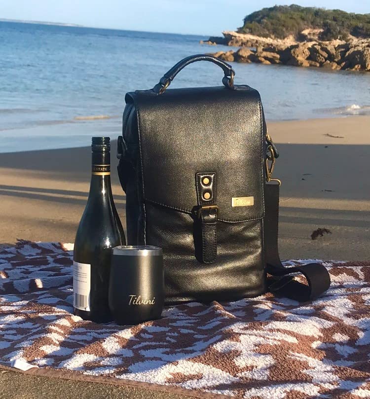 Premium Leather Wine Bag & Insulated Wine Tumblers Set - Best Birthday Gifts for Men, Wine Lovers - Durable Wine Carrier with Cooler Function - Perfect for Travel, Beach Picnics, Outdoor Parties & Romantic Dinners