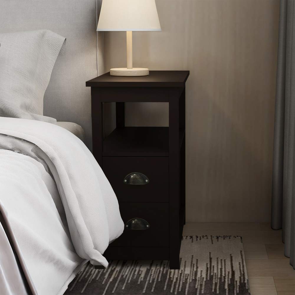 4-Tier Slim Narrow Side Table with 2 Drawers & Open Shelf - Small Space End Table, Nightstand for Living Room, Bedroom, Office - Perfect for Tight Corners, Apartment Decor & Modern Home Organization