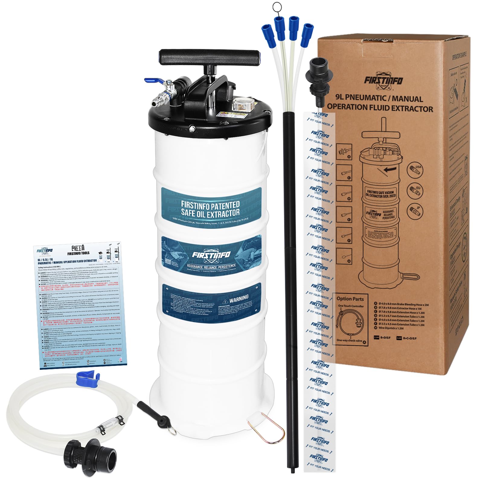 FIRSTINFO A1108US 3rd Gen 9L Oil Vacuum Extractor - Pneumatic/Manual Pump with Safety Gauge | 51