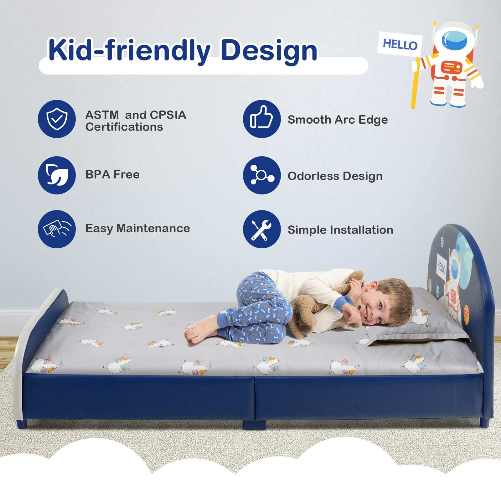 Costzon Twin Bed Frame for Kids - Wooden Upholstered Platform Bed with Slat Support | Padded Headboard & Footboard | No Box Spring Needed | Easy Assembly | Fits Standard Twin Mattress | Astronaut Theme | Perfect for Kids' Bedrooms, Dorm Rooms & Space-Themed Decor