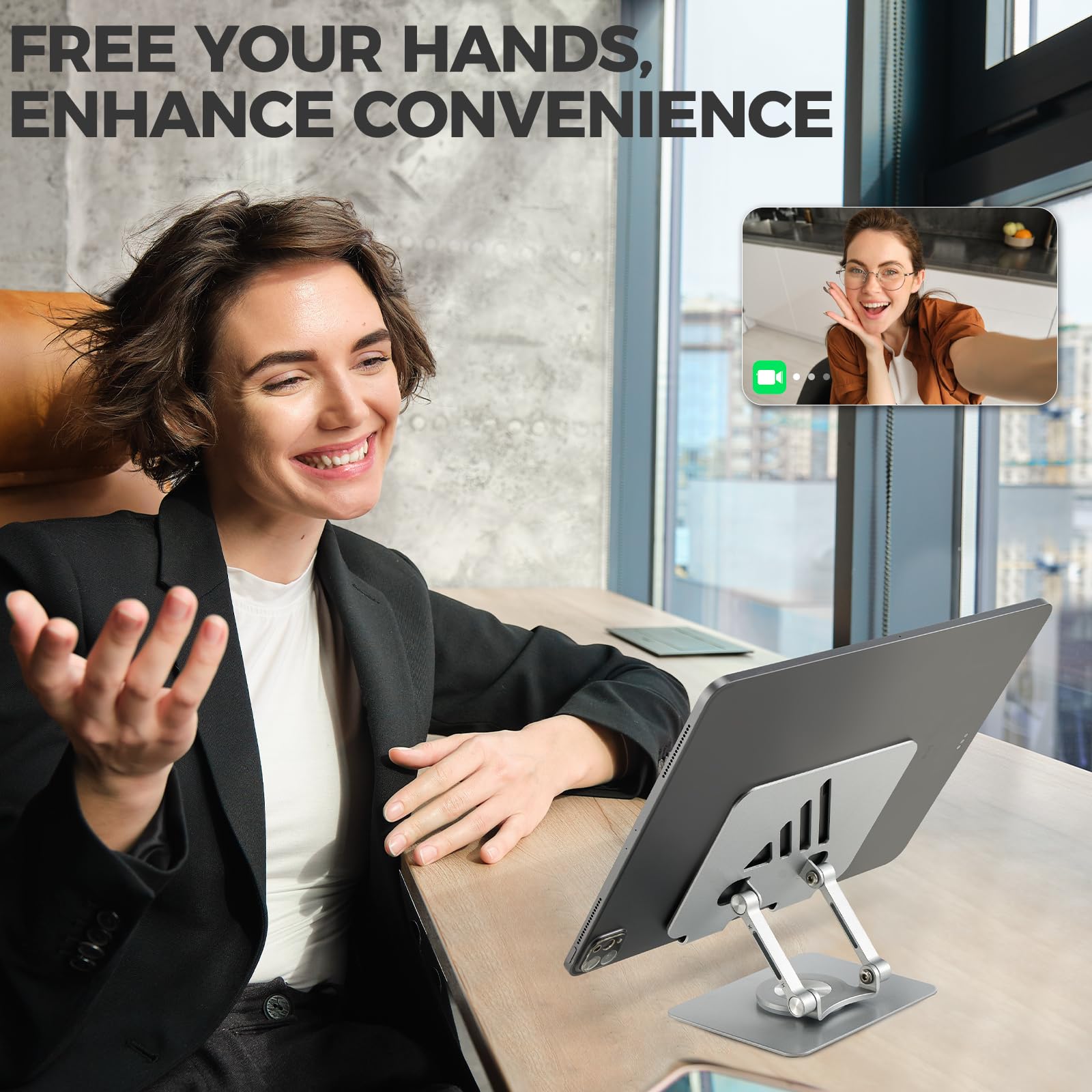 Adjustable & Foldable Tablet Stand for iPad Pro - 360° Rotating Base, Portable Monitor Stand for Desk - Perfect for Office, Home, or Travel (Black) - Ideal for Video Calls, Reading, and Hands-Free Viewing