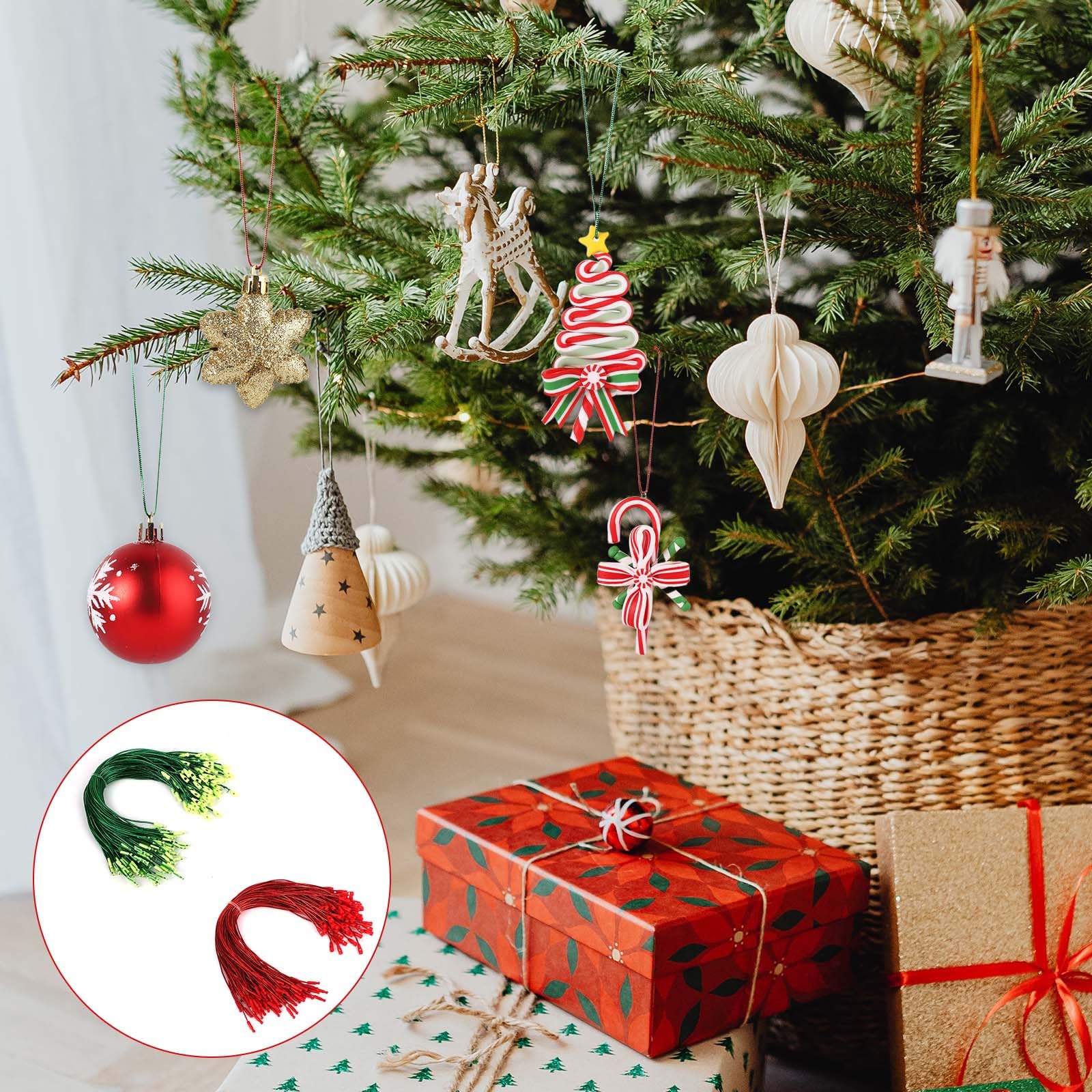 200pcs Christmas Ornament Hooks - Metallic Snap Fastener String Hangers for Xmas Tree Decorations (Red & Green) | Perfect for Holiday Party Decor, Home & Office Christmas Tree Ornament Display