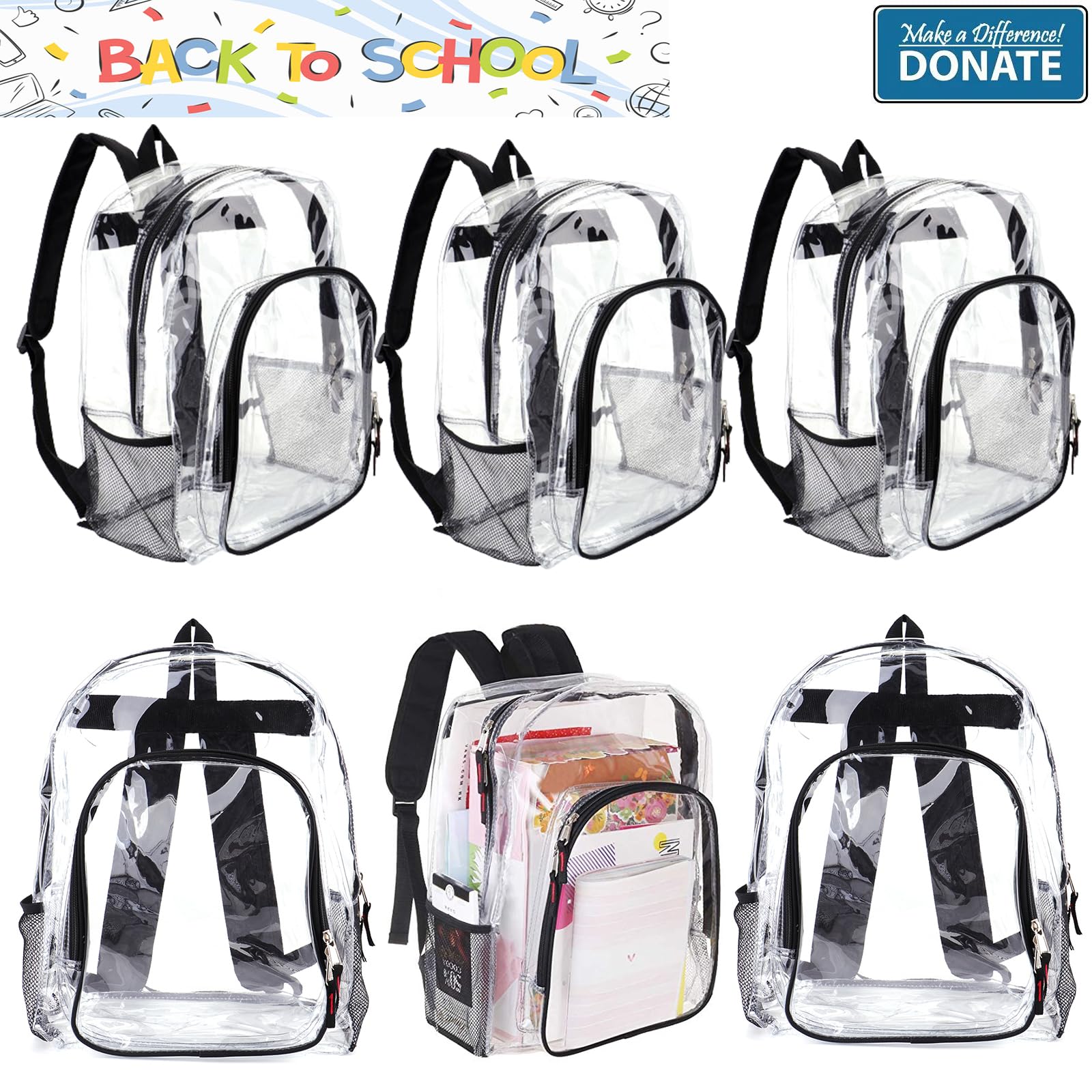 JOMPARO 24 Pack Heavy Duty PVC Clear Backpack - Transparent See Through Bookbag for School, Work, Travel & Events - Waterproof Lightweight Backpack for Kids, Boys & Girls - Perfect for Stadiums, Concerts & Airports